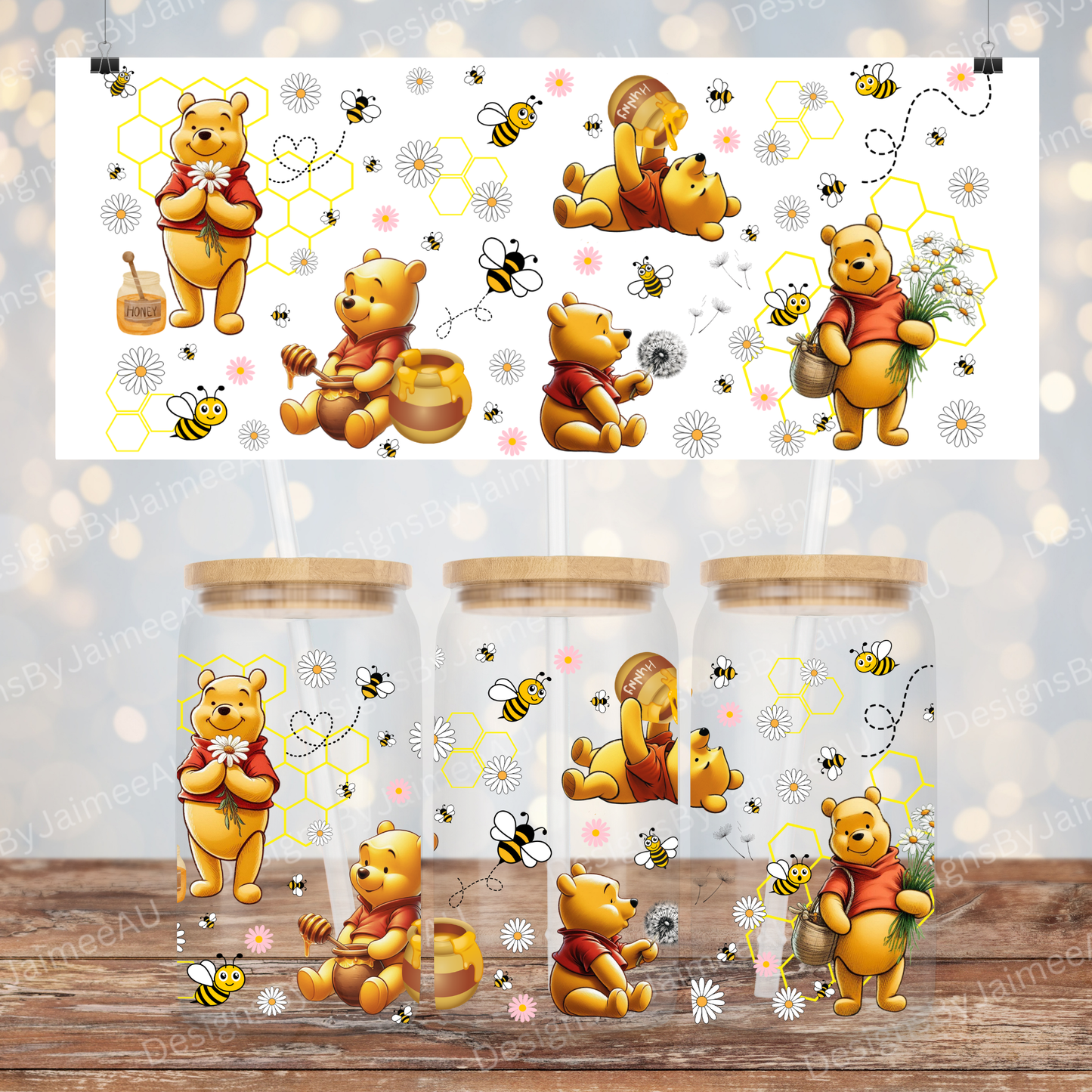 Springtime Winnie The Pooh (w/ Pink Daises) 16oz UV DTF Transfer Wrap PNG Image