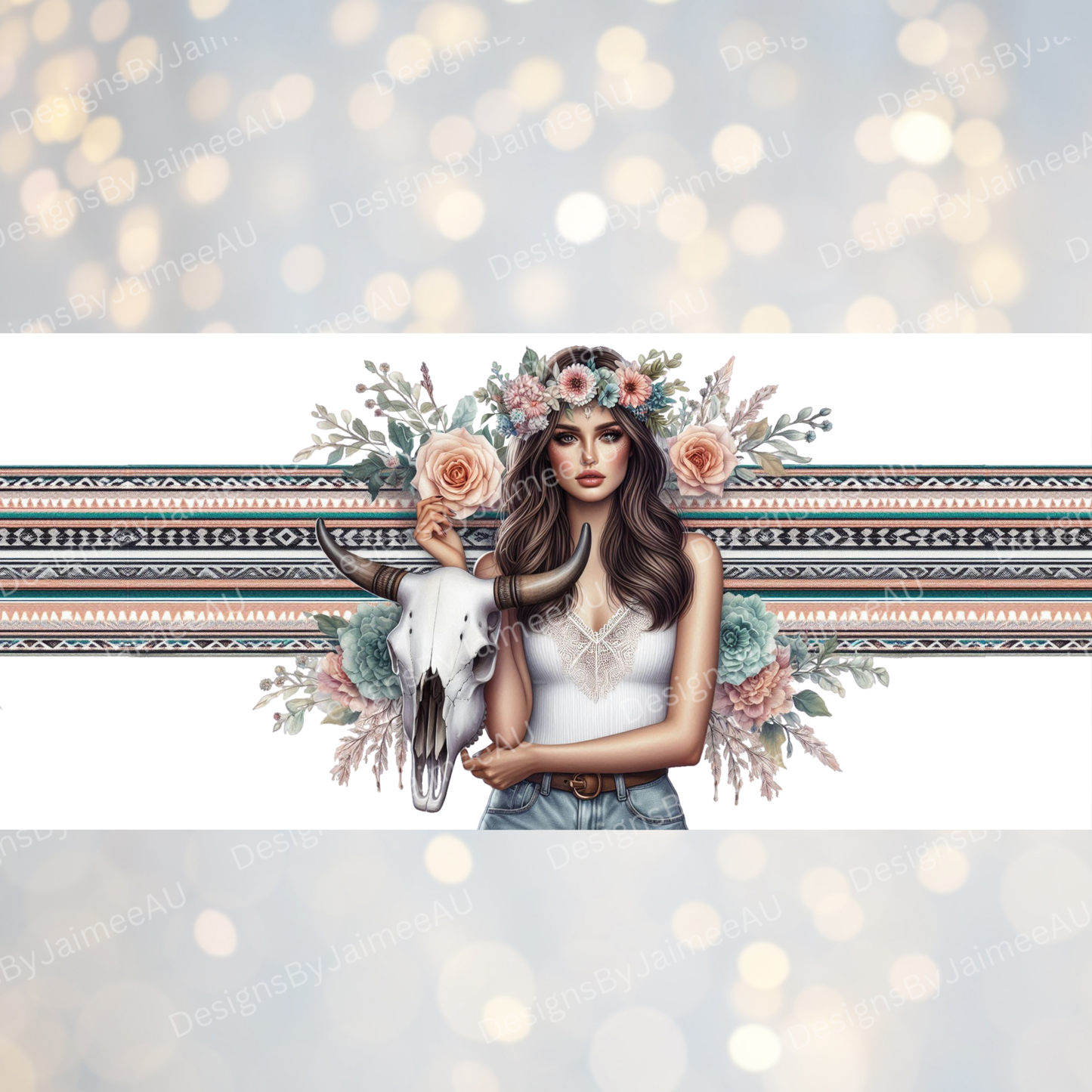 Aztec Floral Woman and Bull Skull Digital 16oz UV DTF Transfer Wrap PNG Image