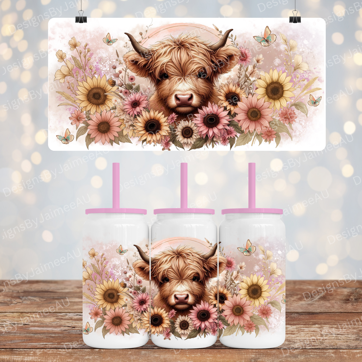 Pink Watercolour Highland Cow and Sunflowers - Digital 16oz Sublimation Design
