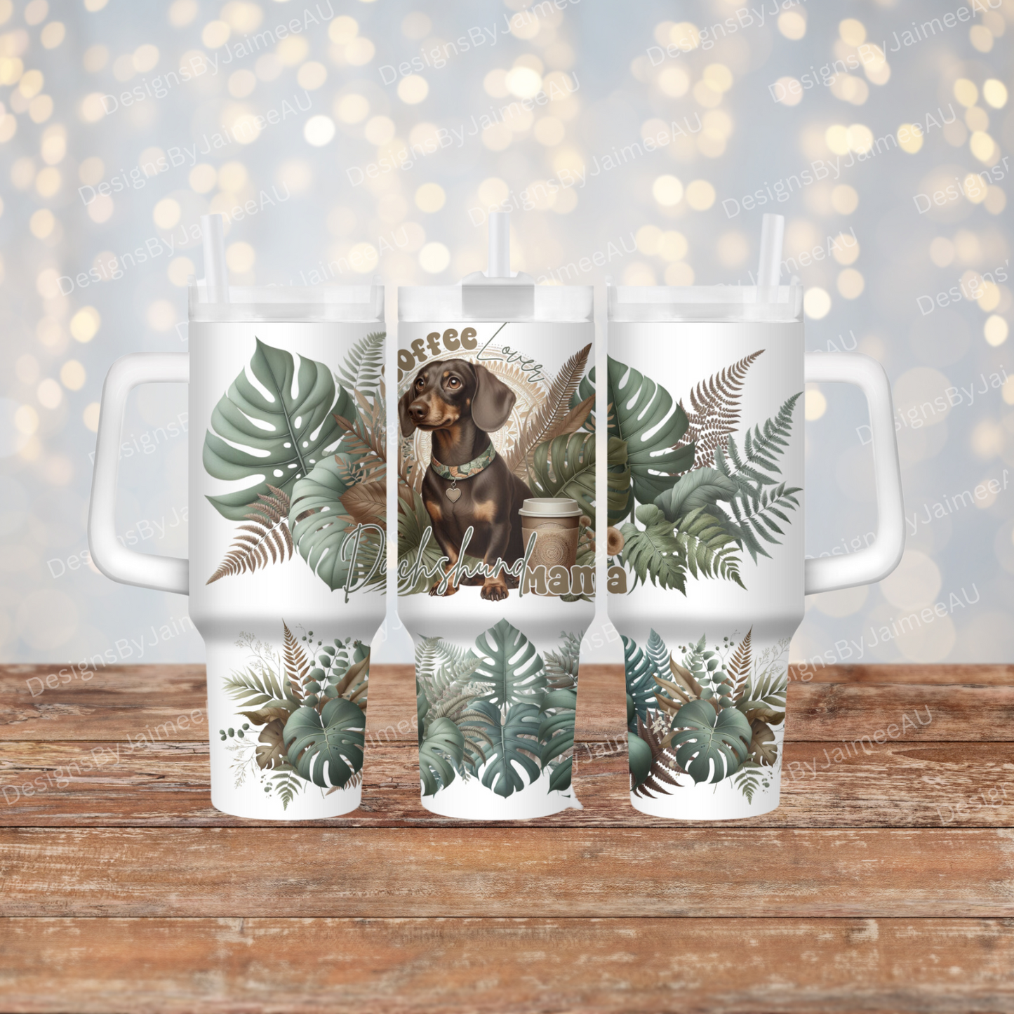 Chocolate "Coffee Lover, Dachshund Mama" Greens and Browns Tropical 40oz Digital Sublimation Tumbler Wrap