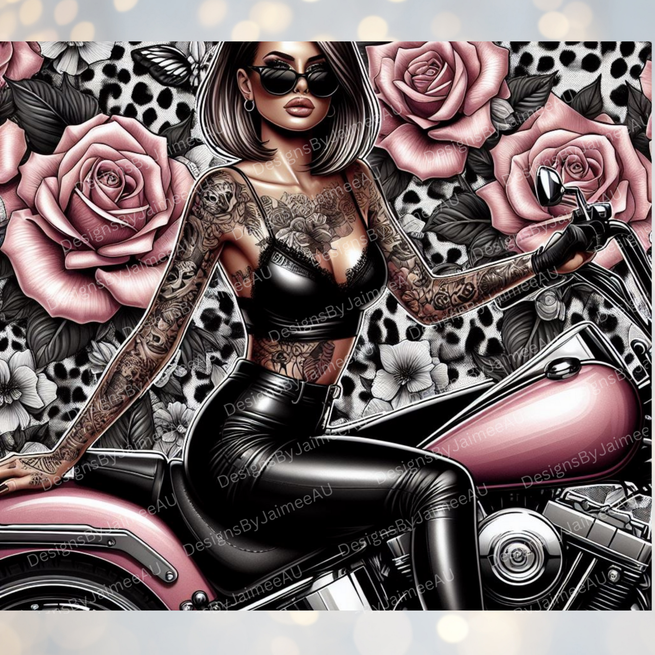 Inked Biker Chick, Baby Pink Roses and Harley Davidson, Black and White Leopard Print Digital 20oz Sublimation Tumbler Wrap