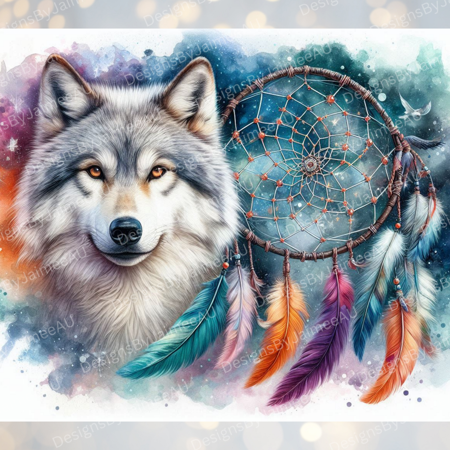 Wolf With WaterColour Background, Dream Catcher Digital 20oz Sublimation Tumbler Wrap