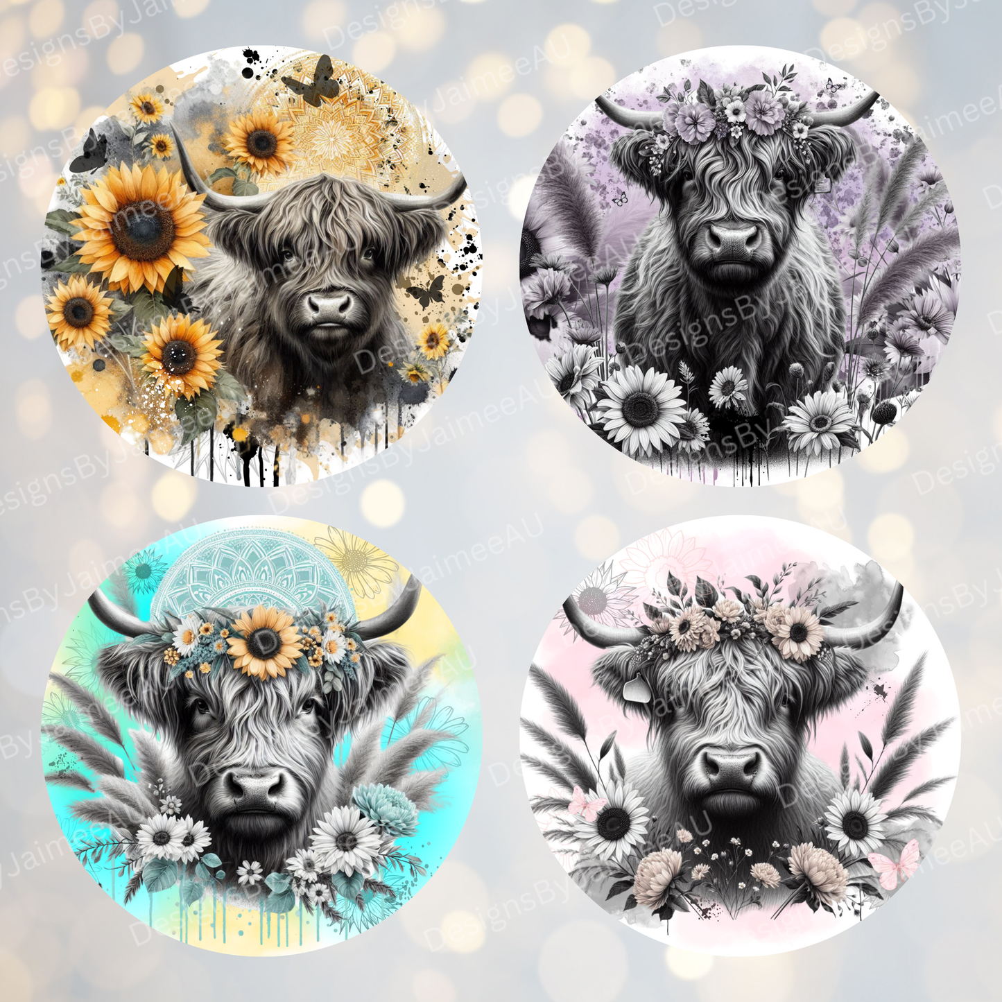 4 Black and White Watercolour Highland Cow Digital Sublimation Car Coaster Designs