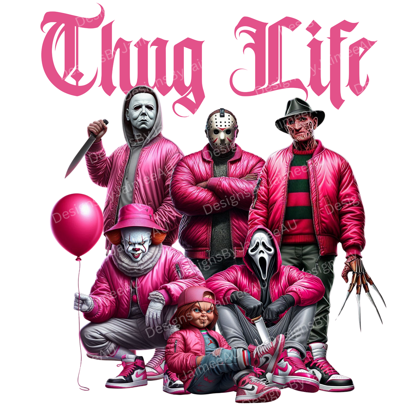 Hot Pink "Thug Life" Hip Hop - Horror Movie Characters Digital DTF Transfer PNG Image