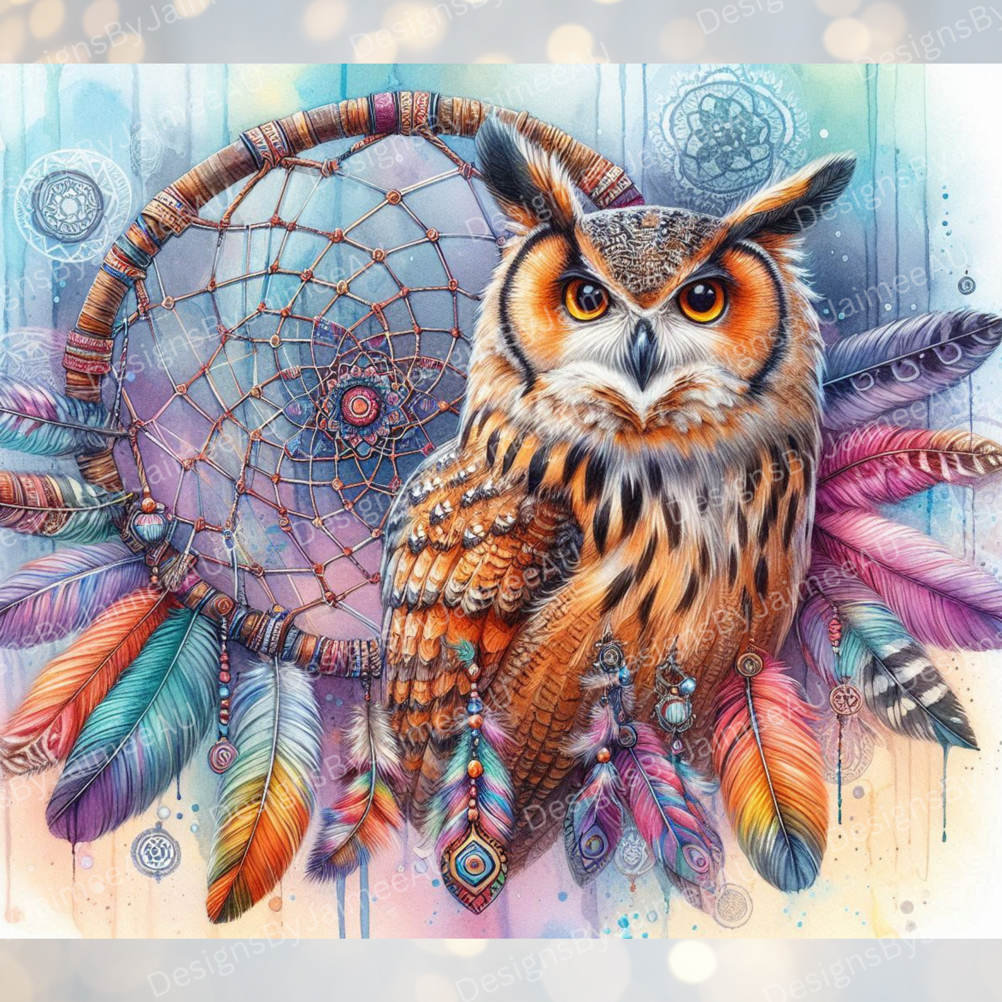 Vibrant Watercolour Dream Catcher and Owl Digital 20oz Sublimation Tumbler Wrap