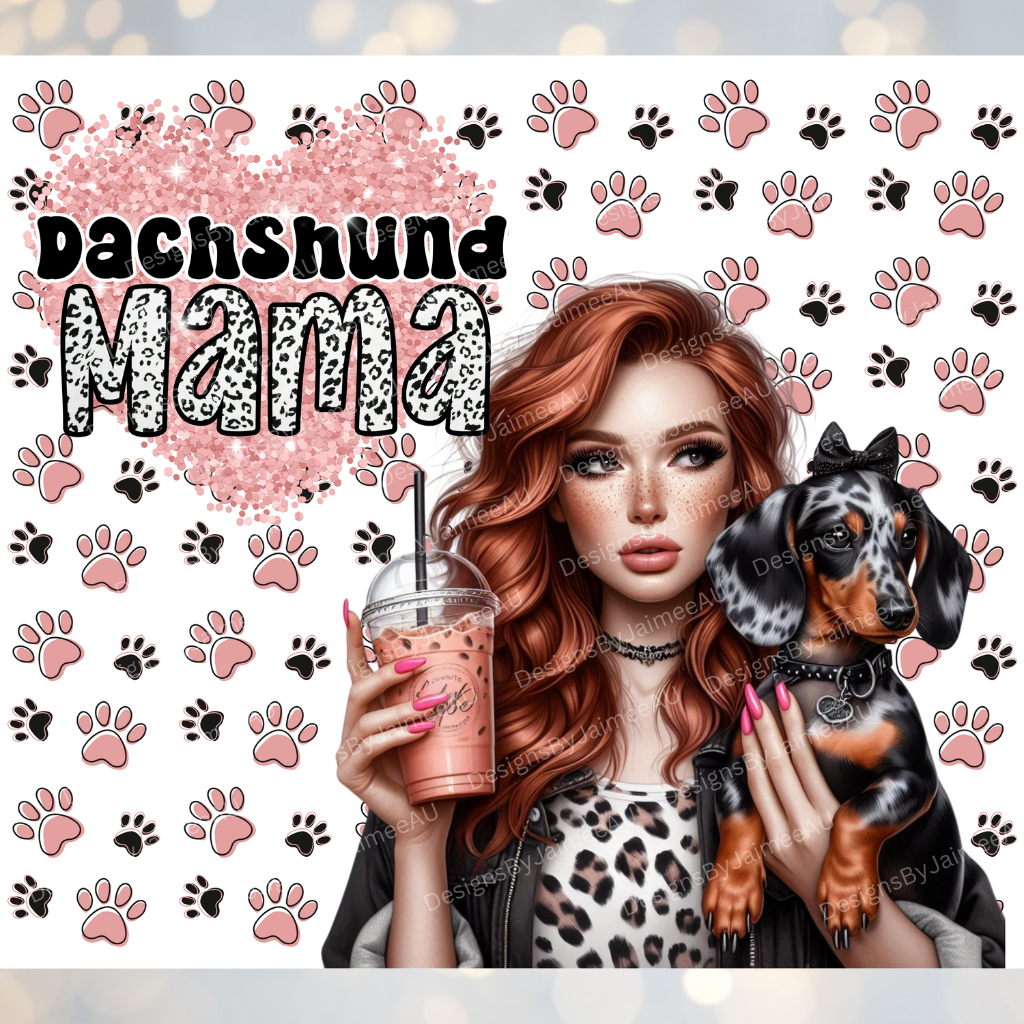 Redhead Dachshund Mama, Glitter Heart and Paw prints Digital 20oz Sublimation Tumbler Wrap