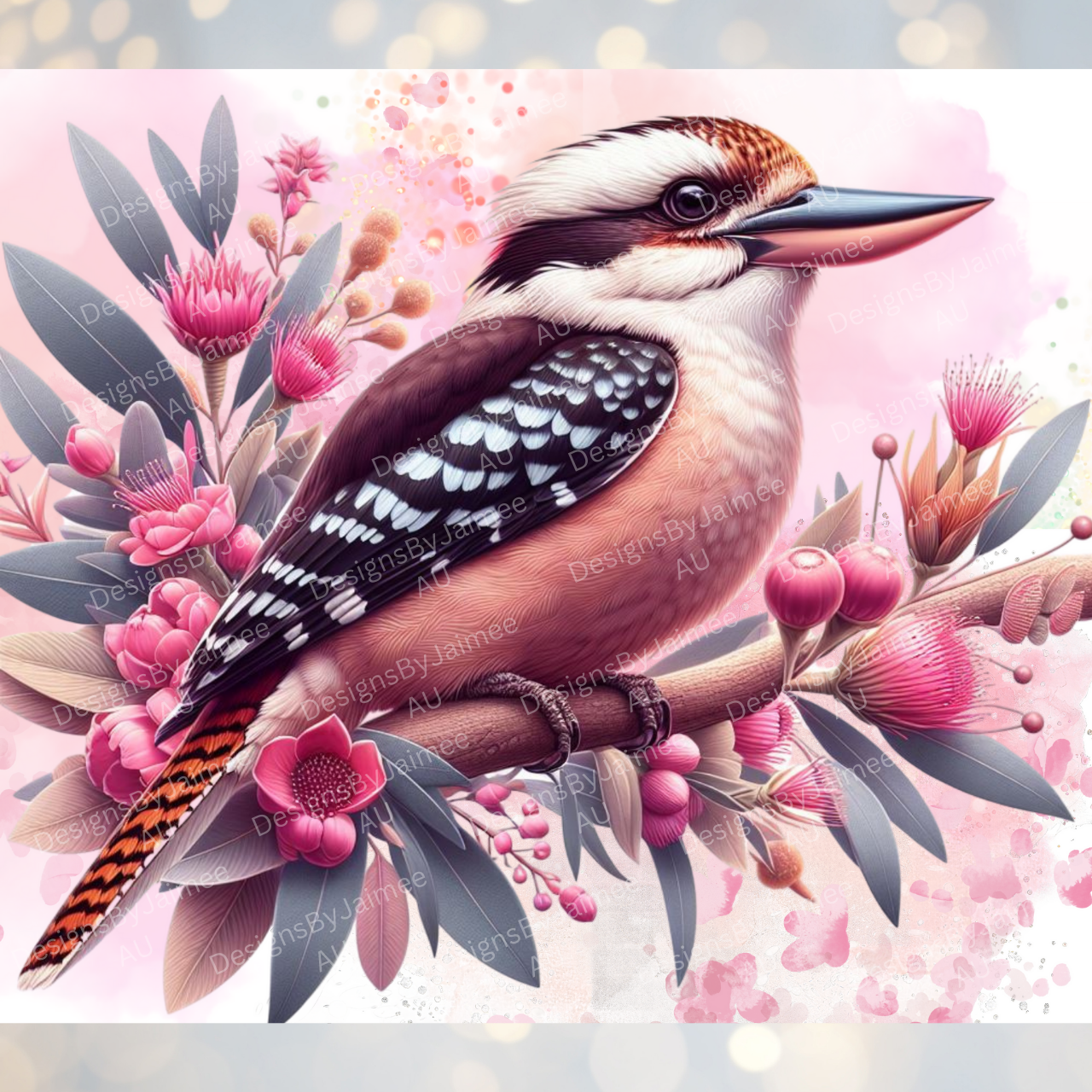 Pink watercolour Kookaburra Digital 20oz Sublimation Tumbler Wrap