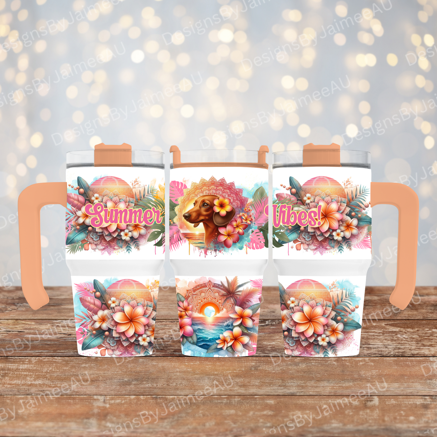 Summer Vibes- Tropical Dachshund #3- Digital 20oz Tumbler with Handle Wrap Design