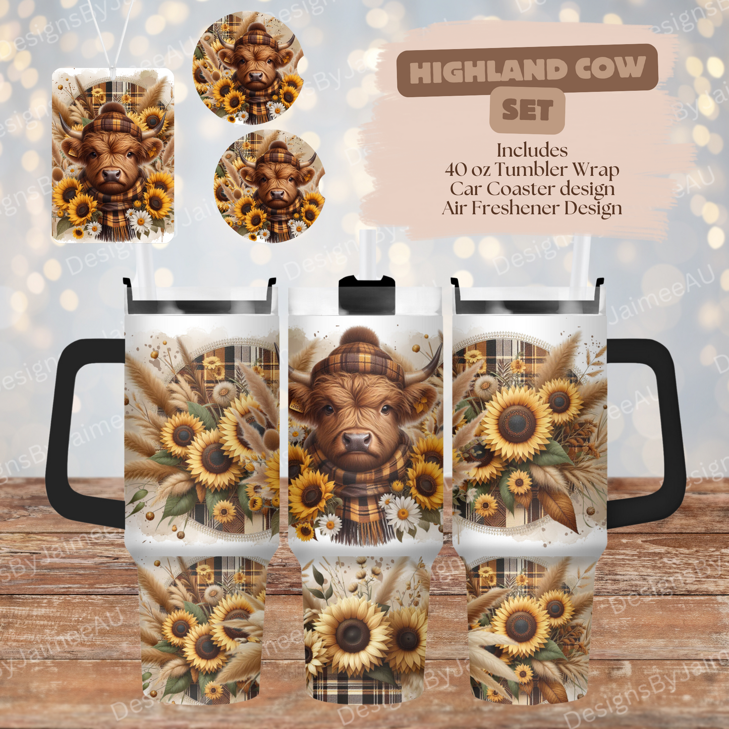 Gingham Highland Cow 40oz Digital Sublimation Tumbler Wrap, Air Freshener and Car Coaster Set