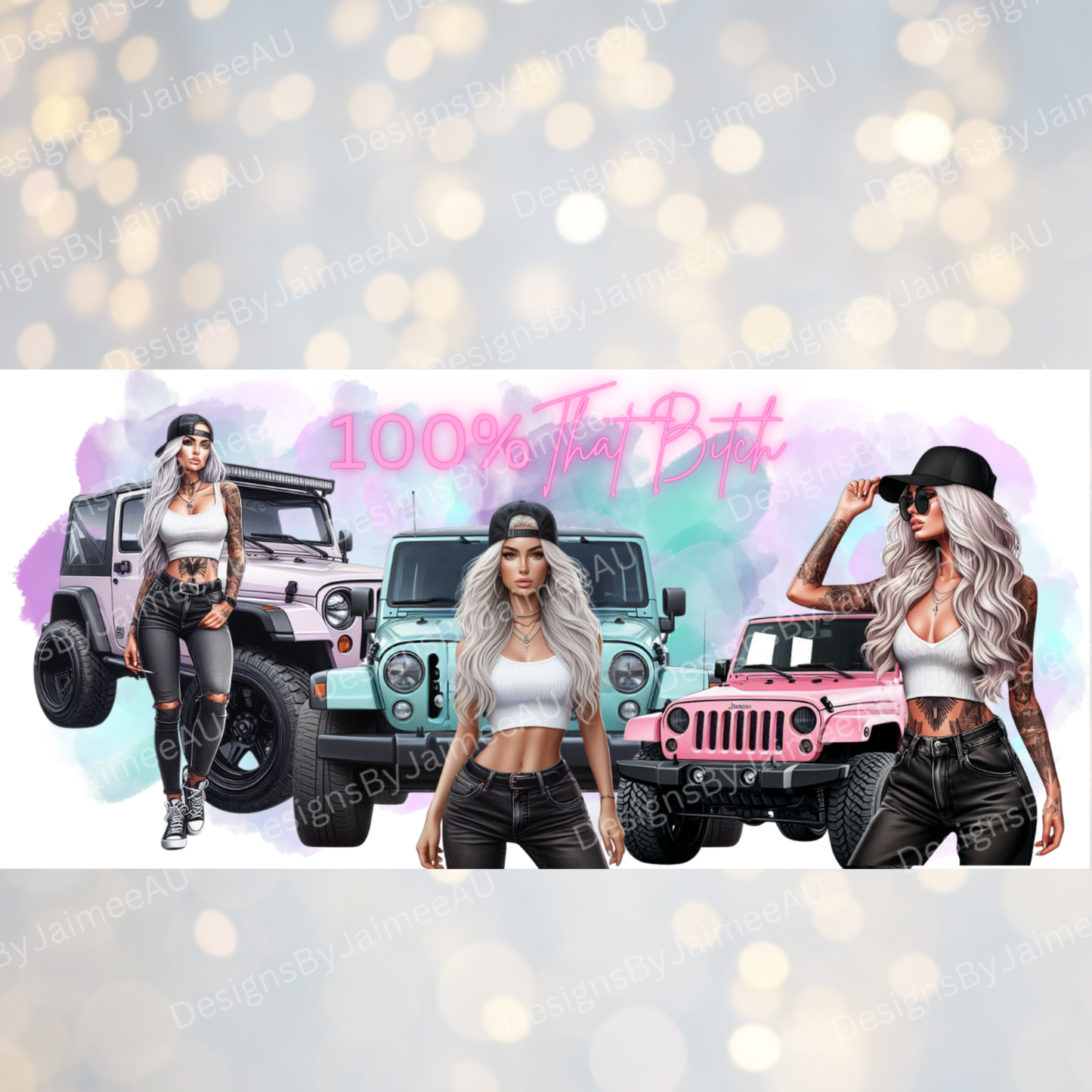 Vibrant Pastel Watercolour Jeep Girlies Digital 16oz UV DTF Transfer Wrap PNG Image
