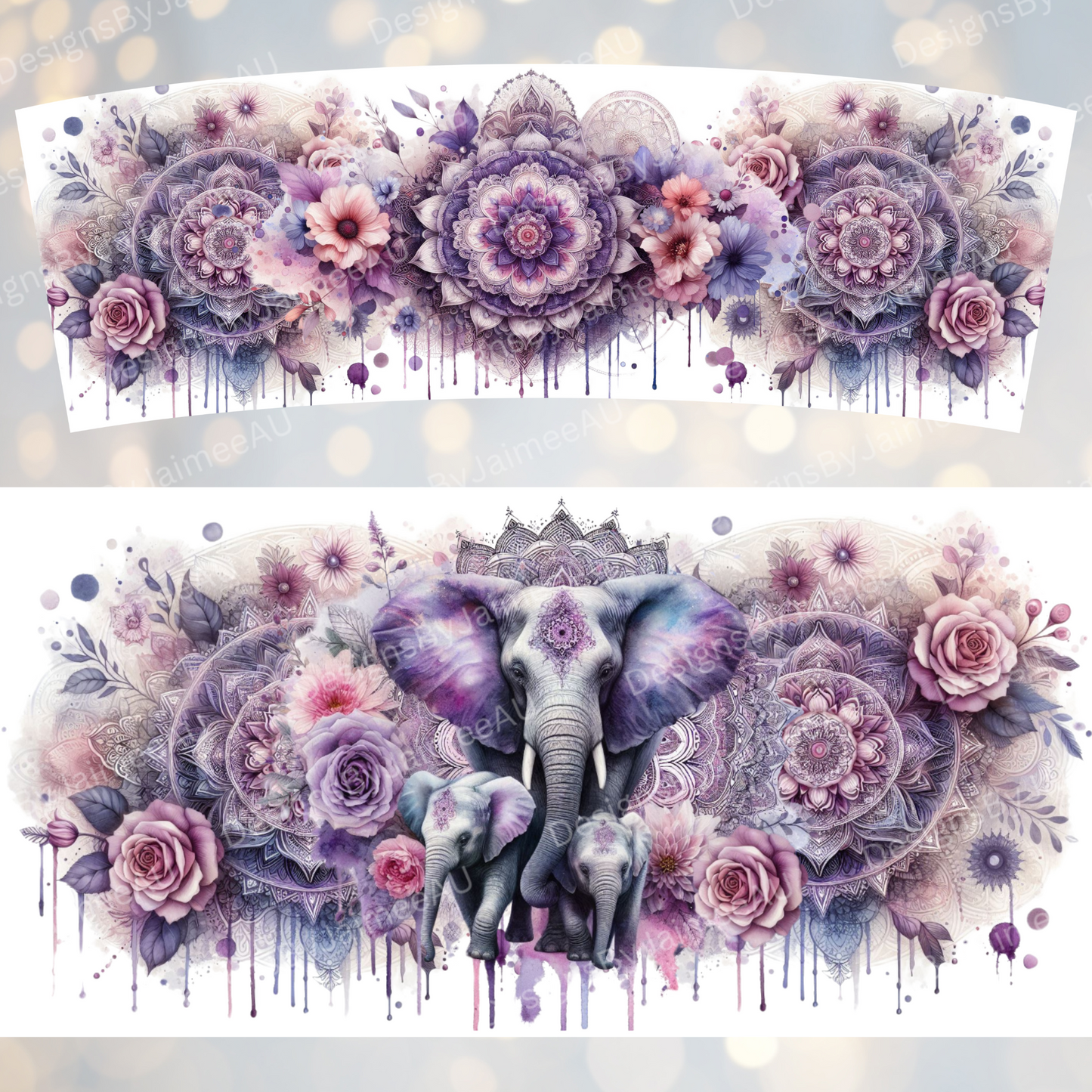 Mama and Baby - Purple Watercolour Floral Elephants 40oz Digital Sublimation Tumbler Wrap