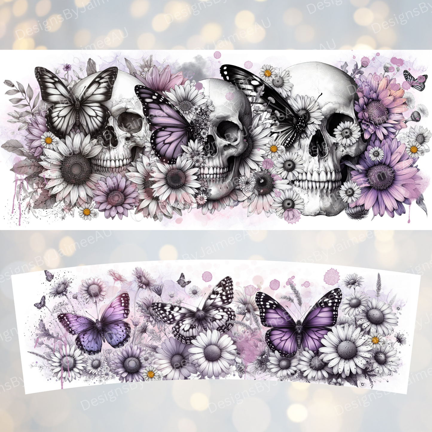 Black and White Skulls and Butterflies with Pops Of Purple- Digital 30oz Sublimation Tumbler Wrap