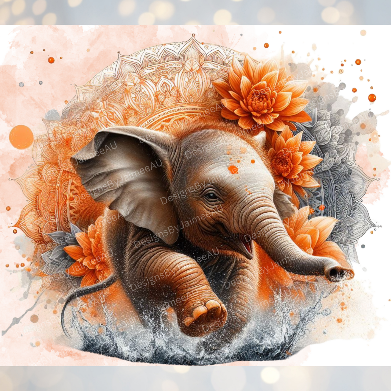 Orange WaterColour Baby Elephant Digital 20oz Sublimation Tumbler Wrap
