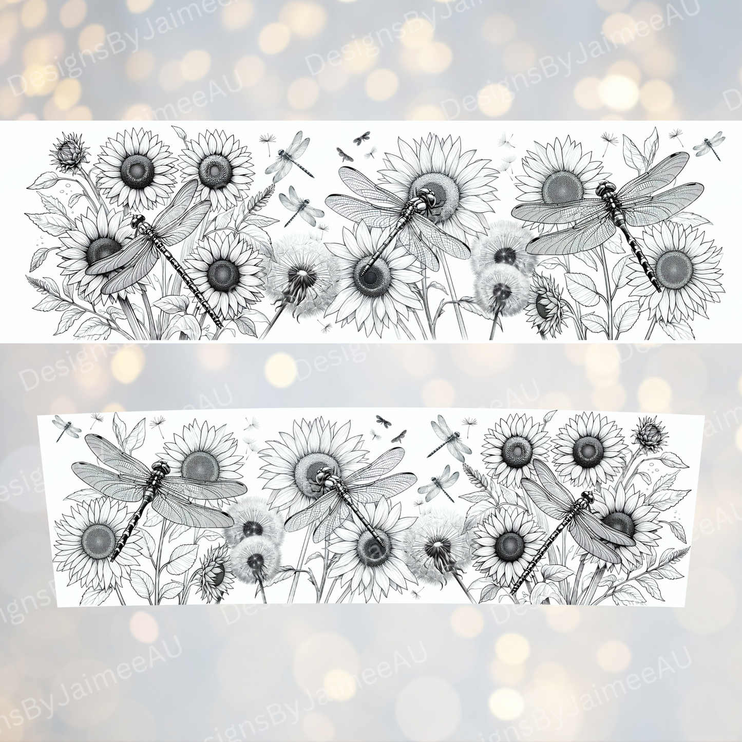 Dragnflies -Black and White Line Drawing- Digital 20oz Tumbler with Handle Wrap Design