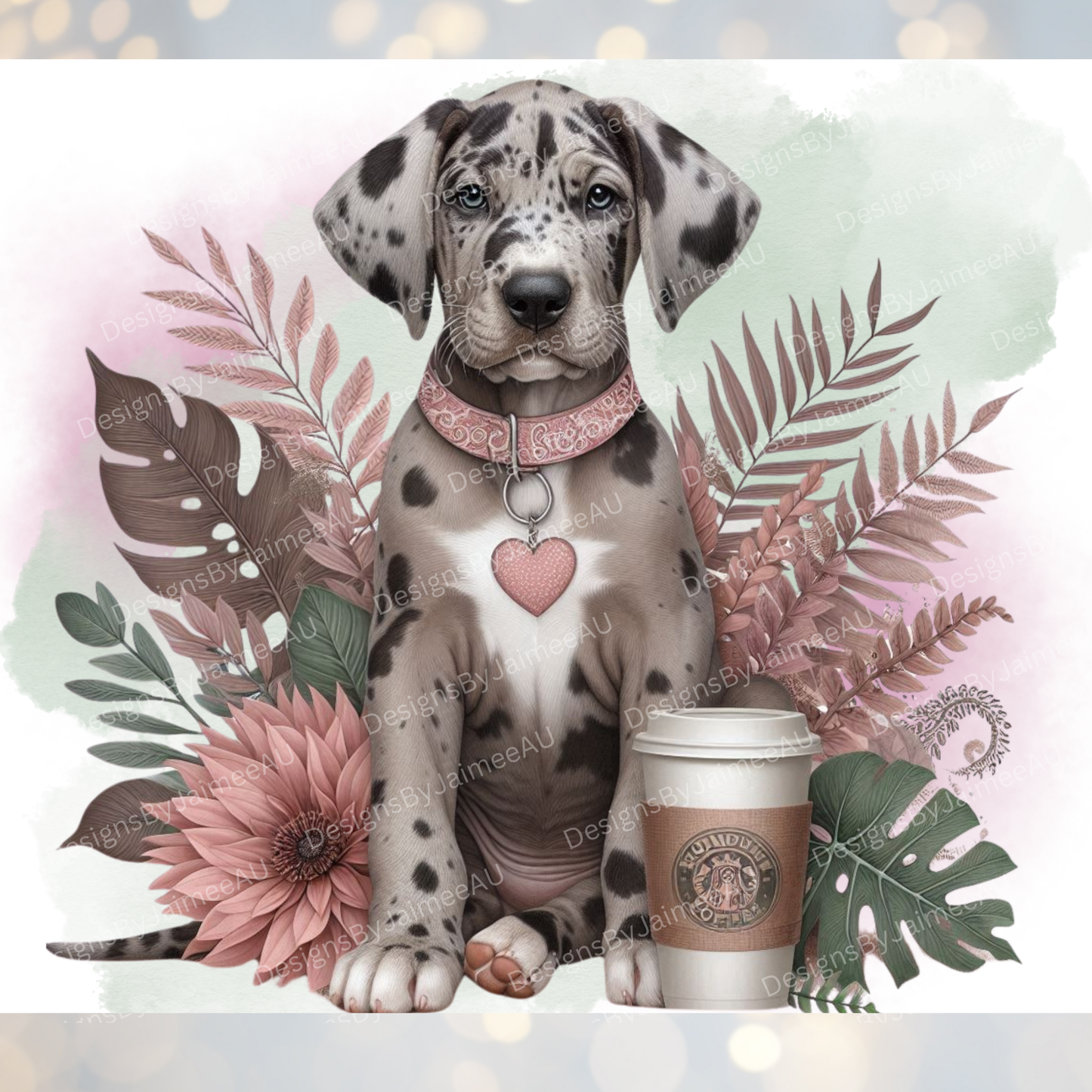 Merle Great Dane, Watercolour Dusty Pinks and Browns Tropical Vibe Digital 20oz Sublimation Tumbler Wrap