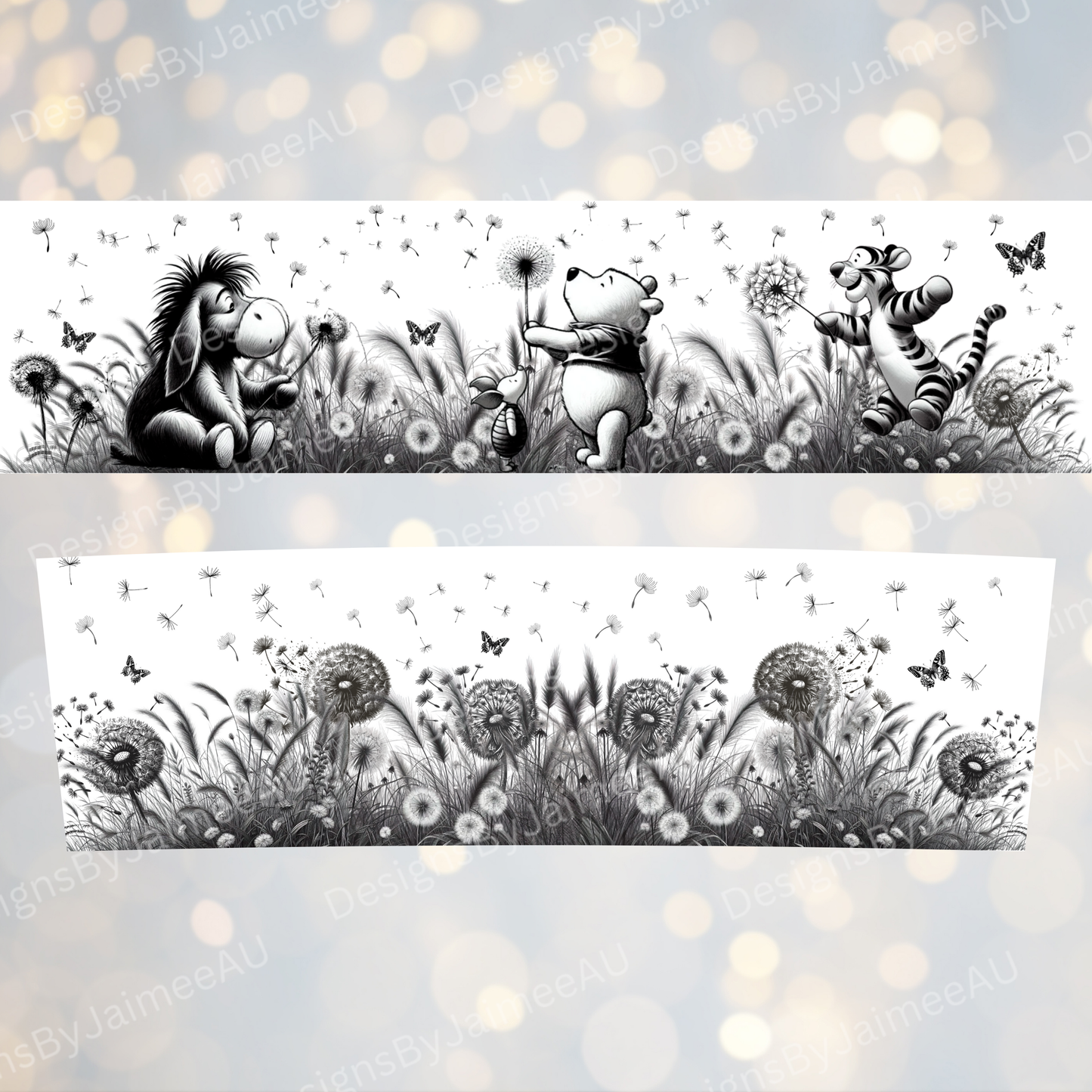 Dandelions - Winnie The Pooh and Friends -Black and White Line Drawing- Digital 20oz Tumbler with Handle Wrap Design