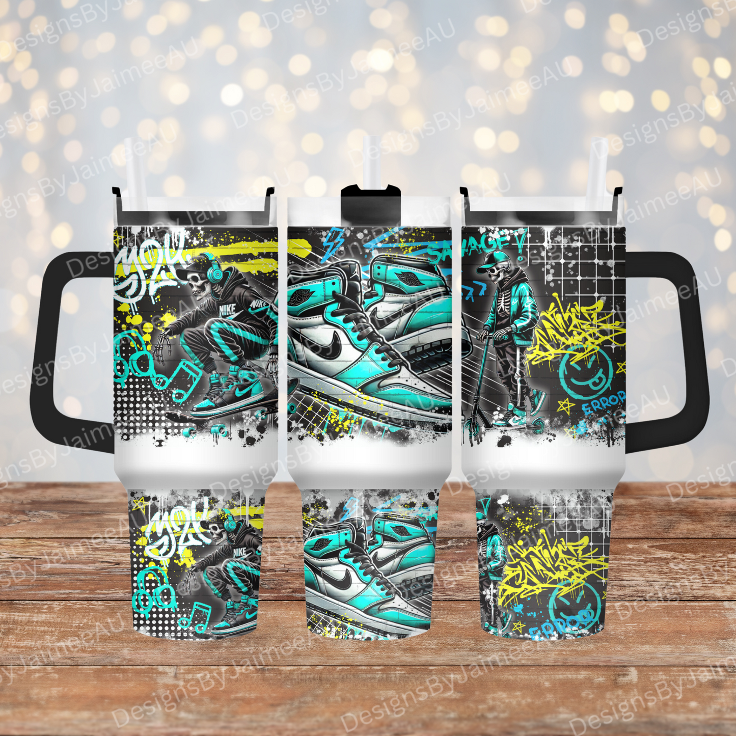 Aqua Graffiti Styled Skeleton- 40oz Digital Sublimation Tumbler Wrap