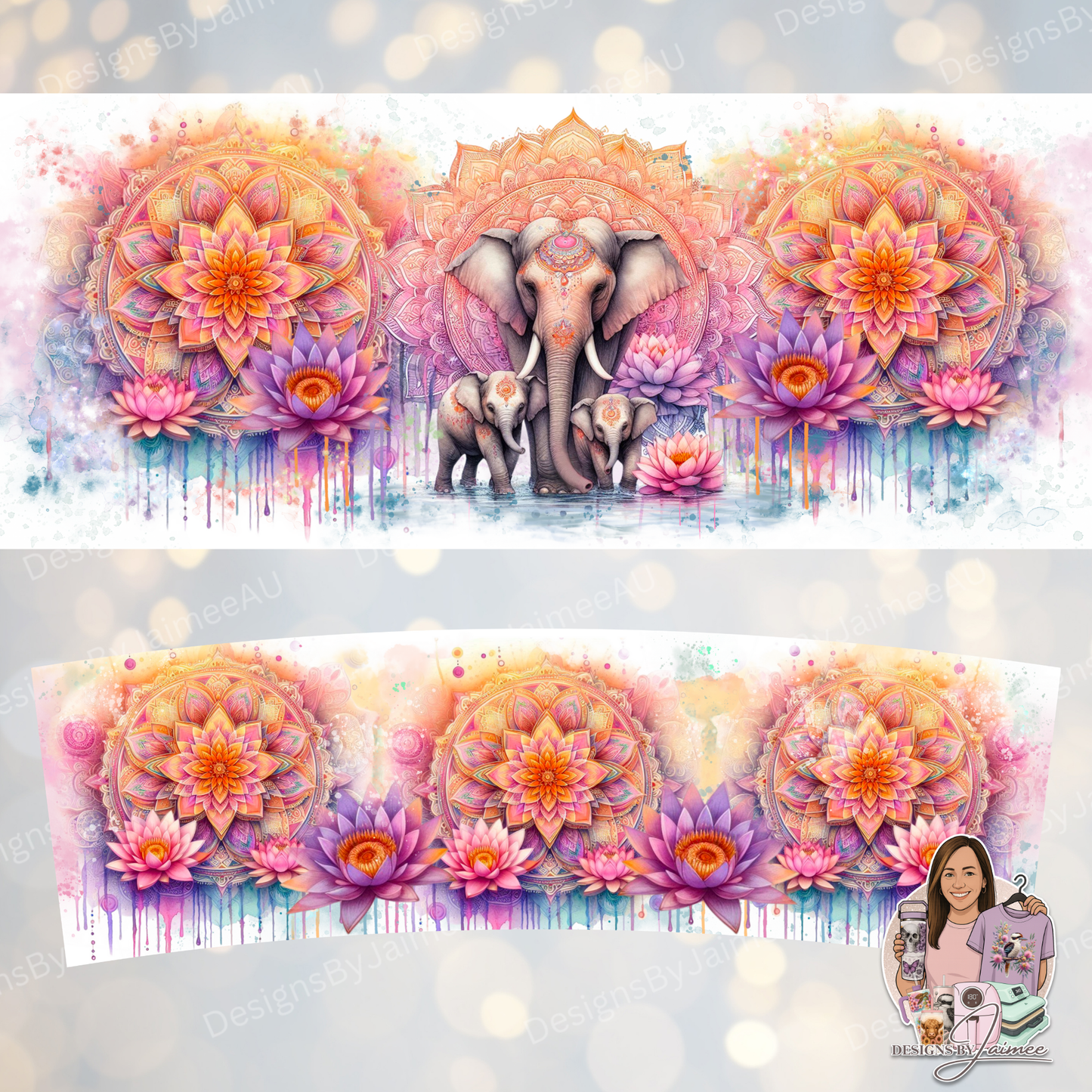 Orange Elephants Mandala - Digital 30oz Sublimation Tumbler Wrap