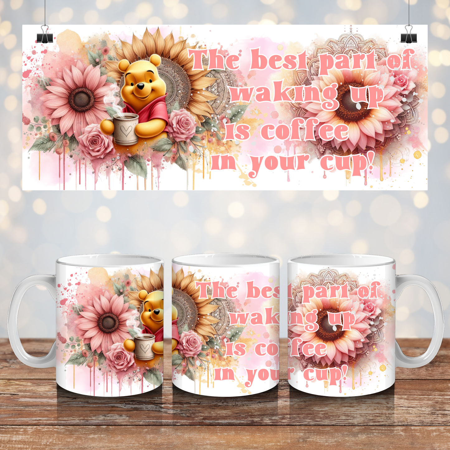 Pink Watercolour and Sunflowers- Winnie The Pooh - Digital 11oz Sublimation Coffee Mug Design