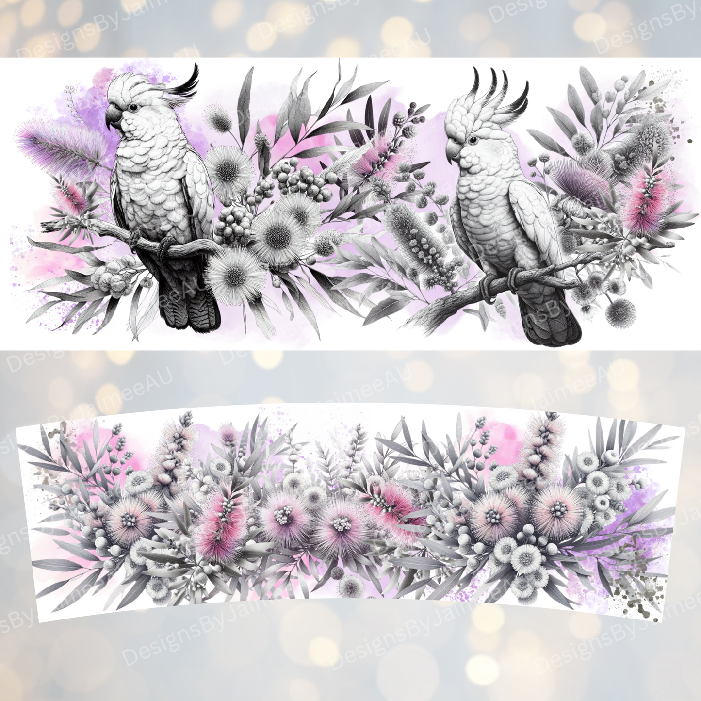 Black and White Cockatoo and Australian Natives, Pops of Purple- Digital 30oz Sublimation Tumbler Wrap