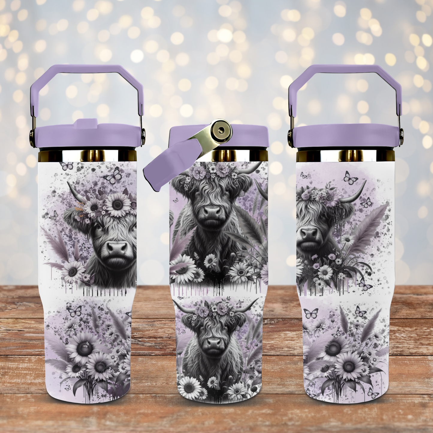 Black and White Highland Cows - Pastel Purple - Digital 30oz Sublimation Tumbler Wrap