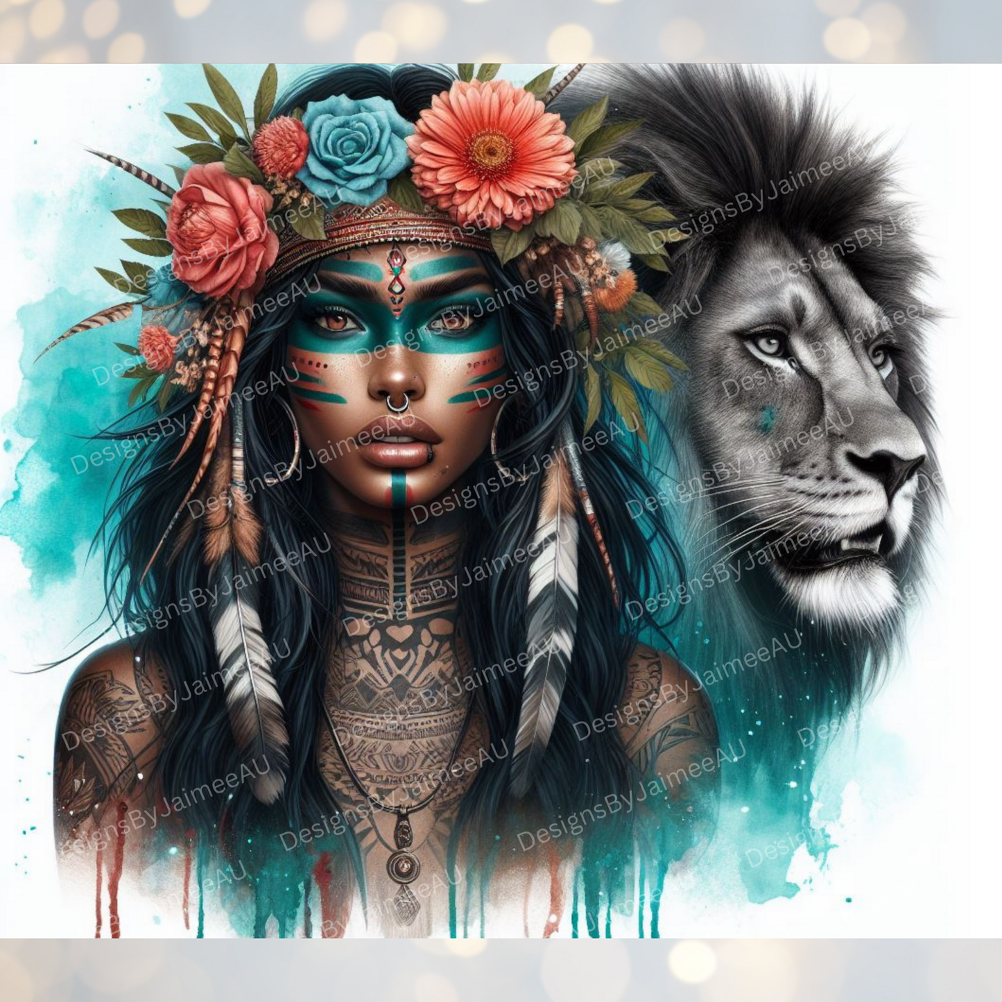 Turquoise Warrior Woman, Lion and Flower Crown Digital 20oz Sublimation Tumbler Wrap