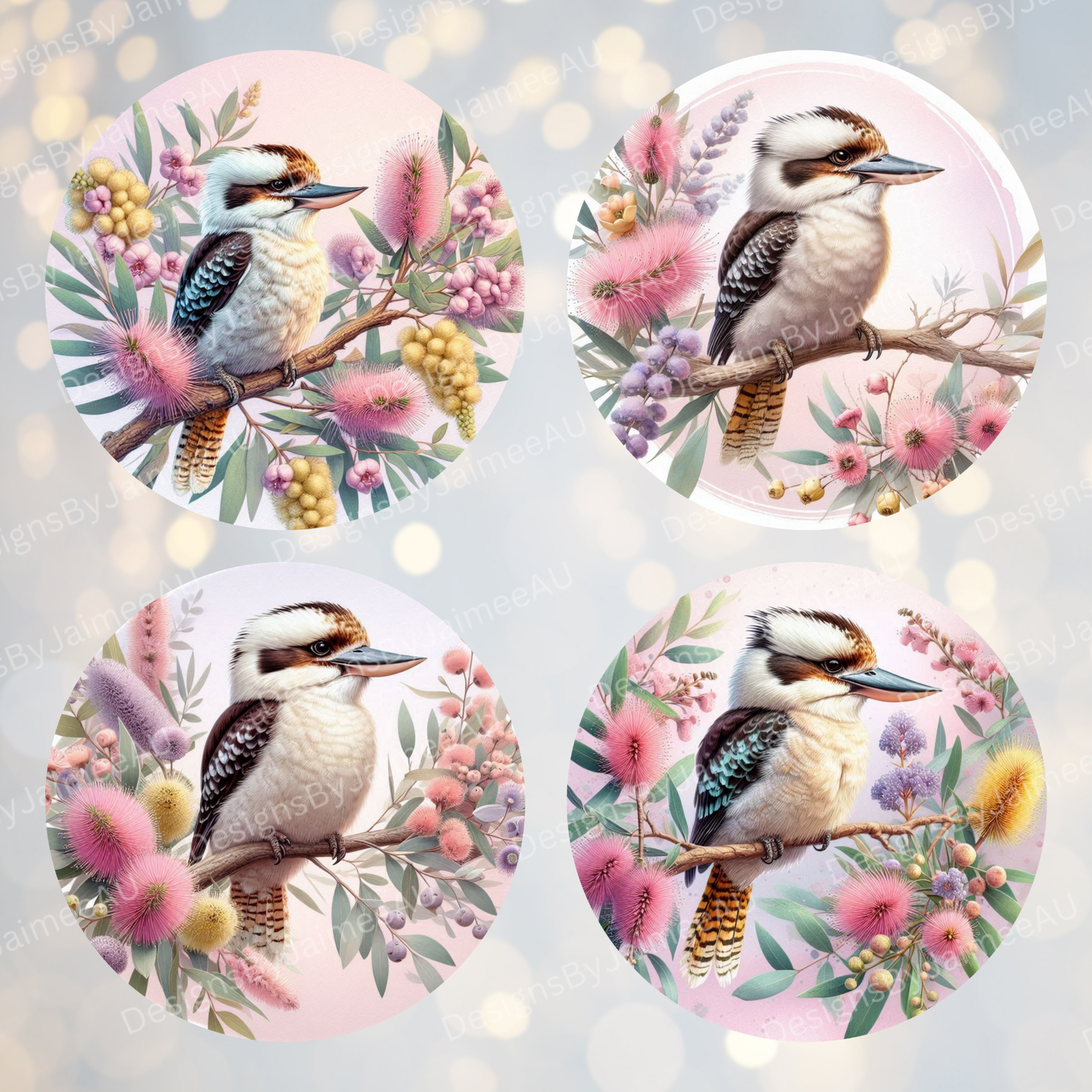 4 Pink Watercolour Kookaburra Digital Sublimation Car Coaster Designs