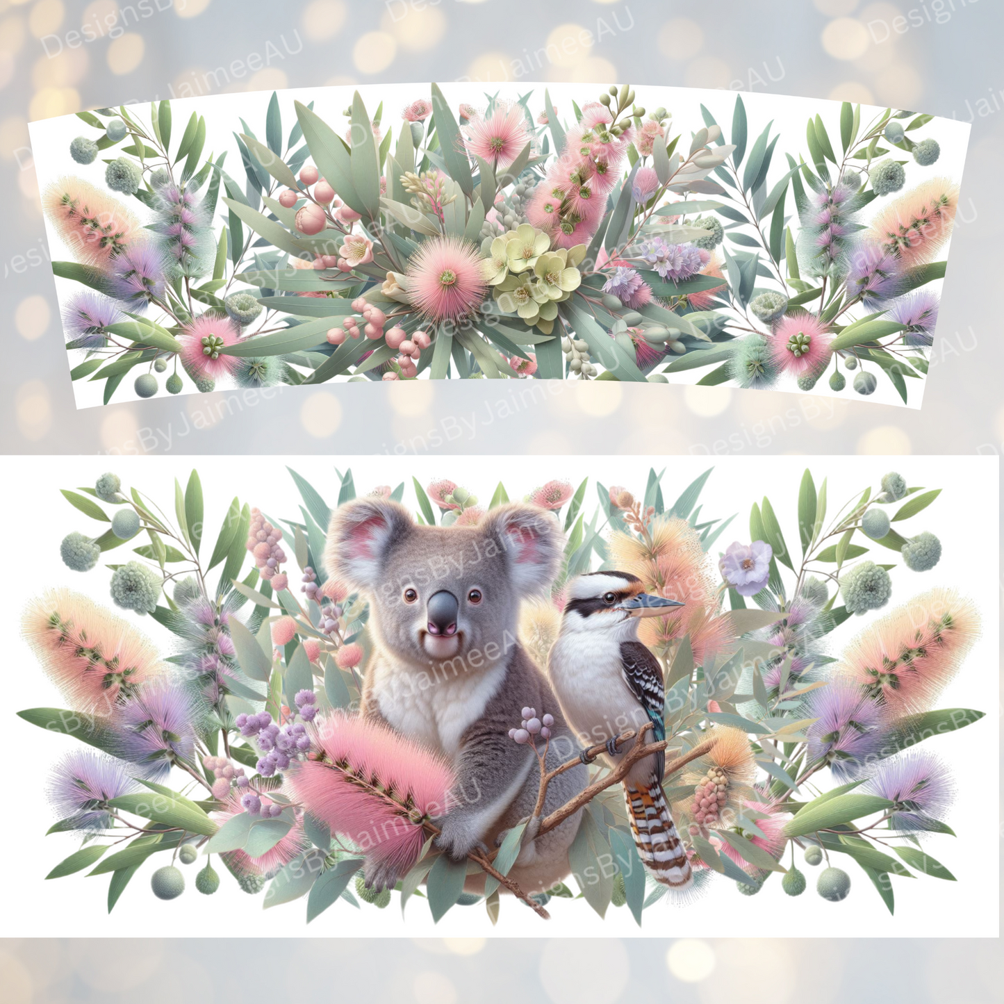 Koala and Kookaburra with Pastel Purple Australian Native Flowers 40oz Digital Sublimation Tumbler Wrap