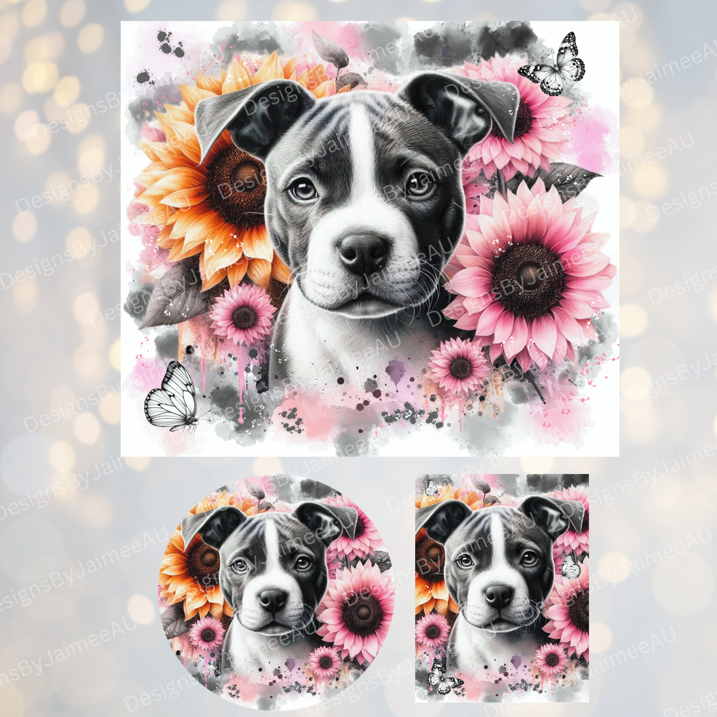 Watercolour Staffy - Pink and Black Sunflowers Set - Includes Digital 20oz Sublimation Tumbler Wrap, Car Coaster and Air Freshener Designs