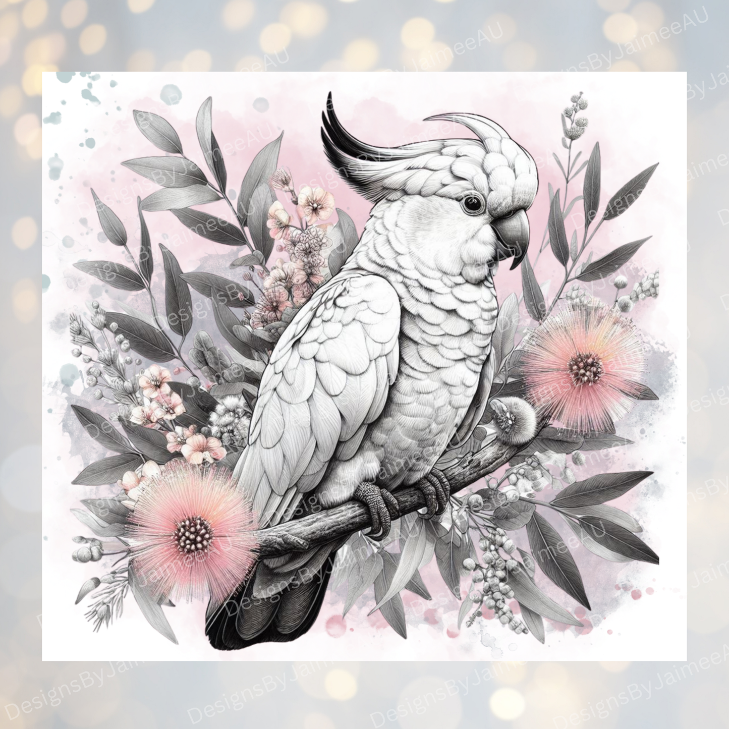 Black and White Cockatoo - Pastel pink themed - Digital 20oz Sublimation Tumbler Wrap