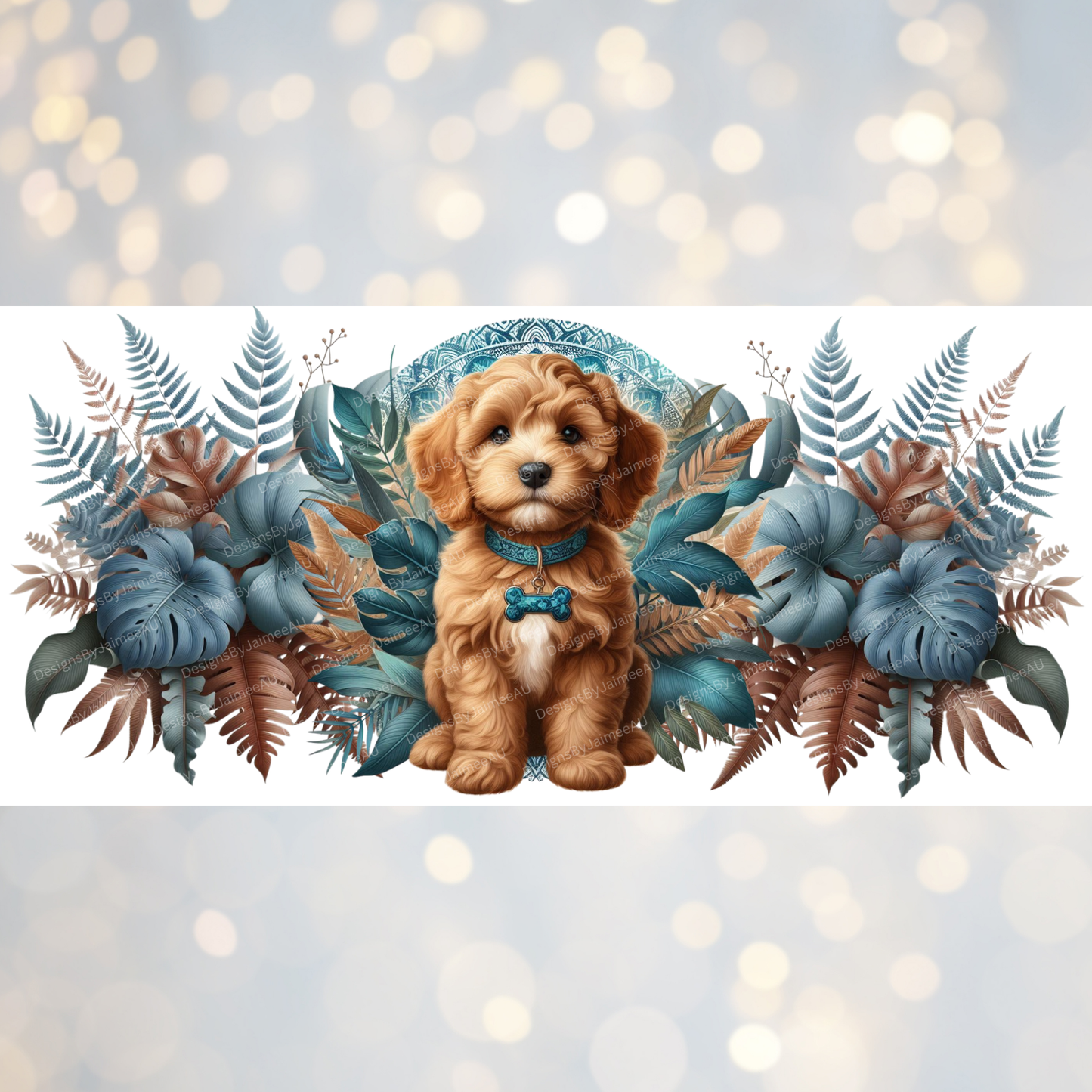 Teal Earthy Tropical Vibes - Cavoodle Puppy Digital Download 16oz UV DTF Transfer Wrap PNG Image