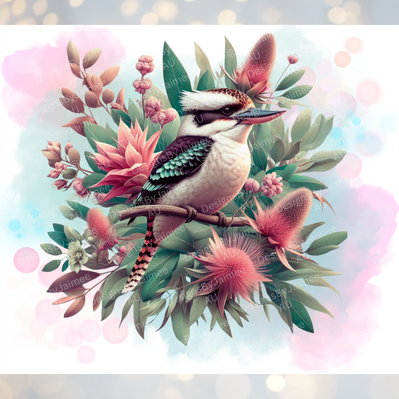 Pink and Aqua watercolour Kookaburra Digital 20oz Sublimation Tumbler Wrap