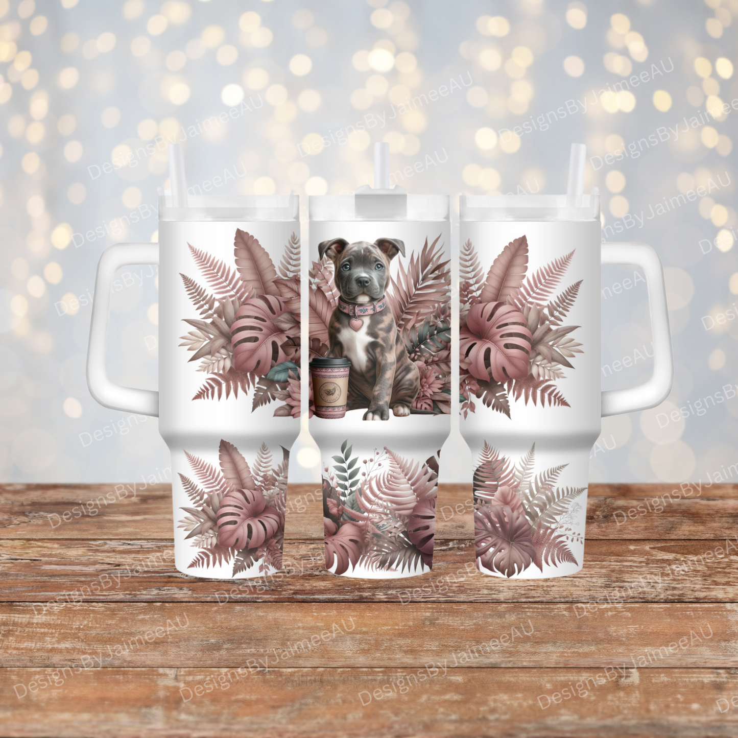 Dusty Pink and Browns "Staffy Mama" Merle Staffy (Staffordshire Bull Terrier) 40oz Digital Sublimation Tumbler Wrap