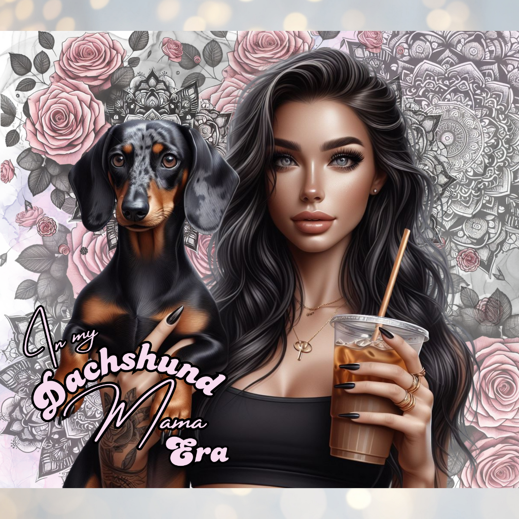 Dark haired Dachshund Mama, Iced Coffee Digital 20oz Sublimation Tumbler Wrap