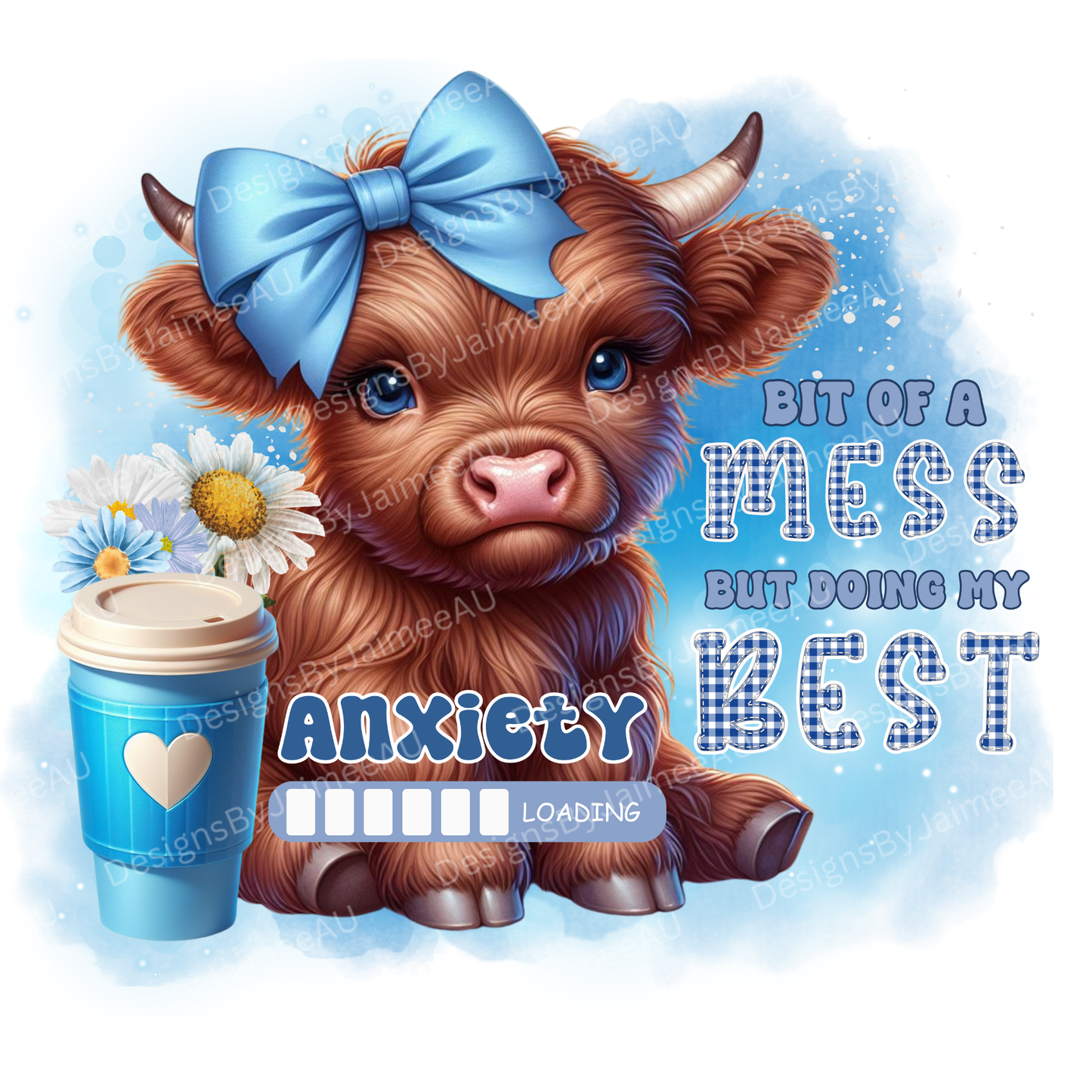 Anxiety Loading Highland Cow Digital DTF Transfer PNG Image