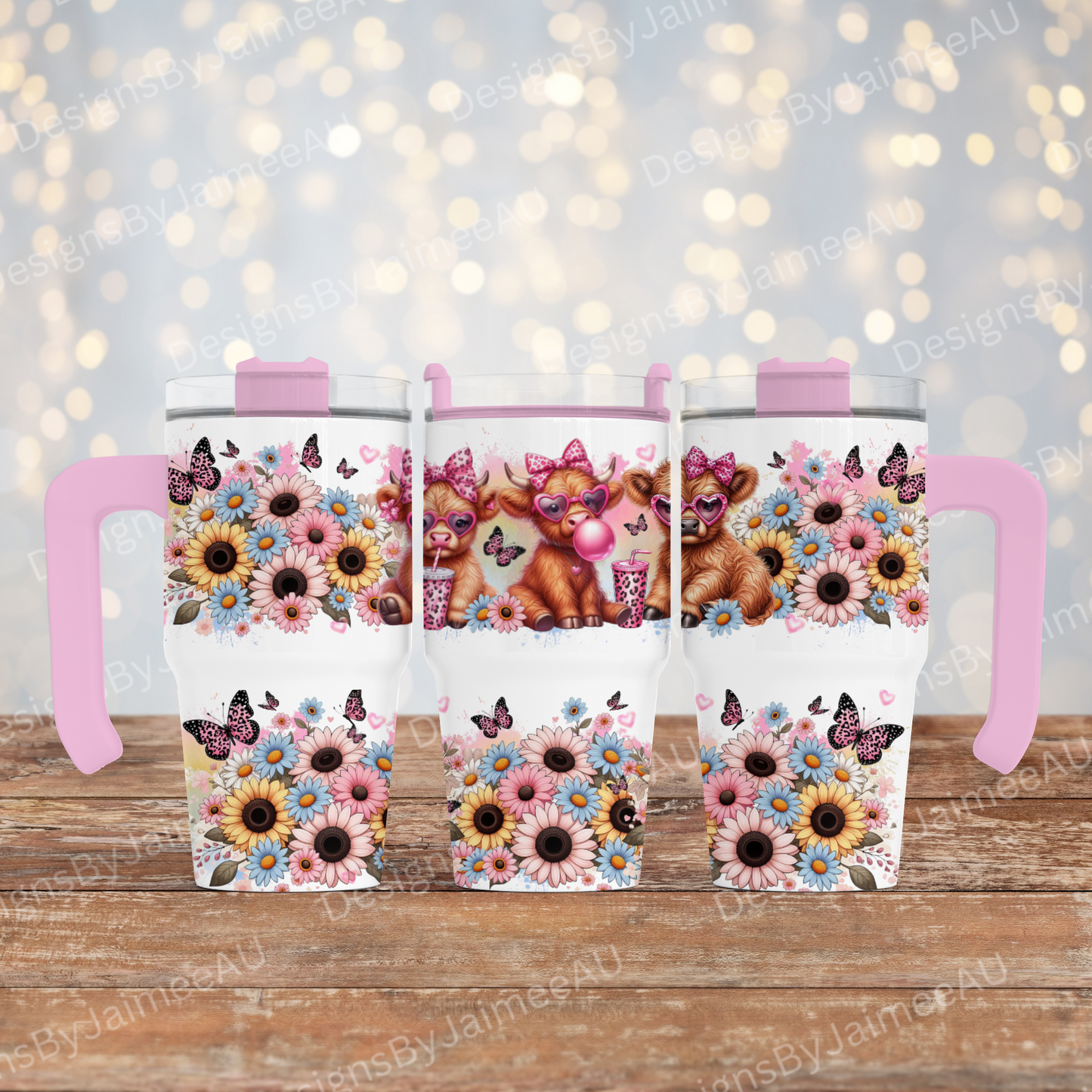 Cute Highland Cows with Leopard Print Butterflies and Daisies - Digital 20oz Tumbler with Handle Wrap Design