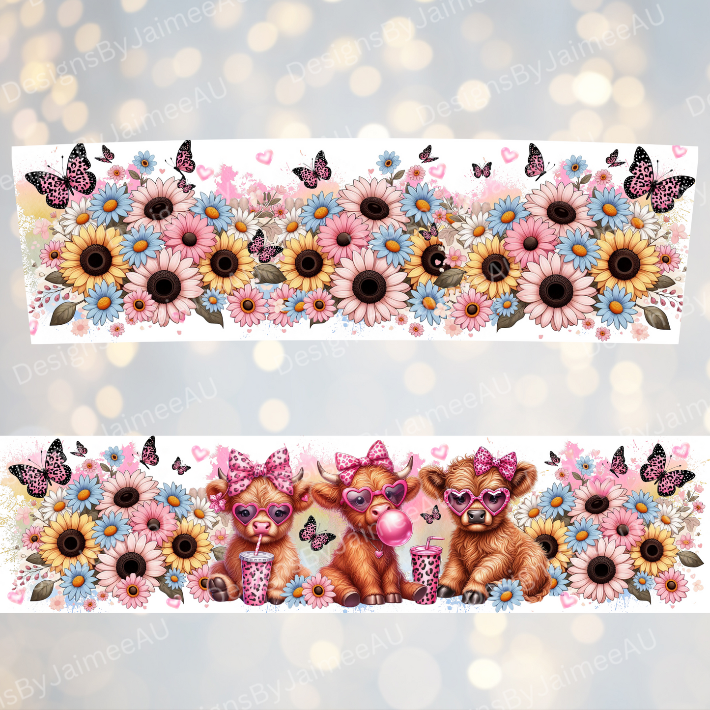 Cute Highland Cows with Leopard Print Butterflies and Daisies - Digital 20oz Tumbler with Handle Wrap Design