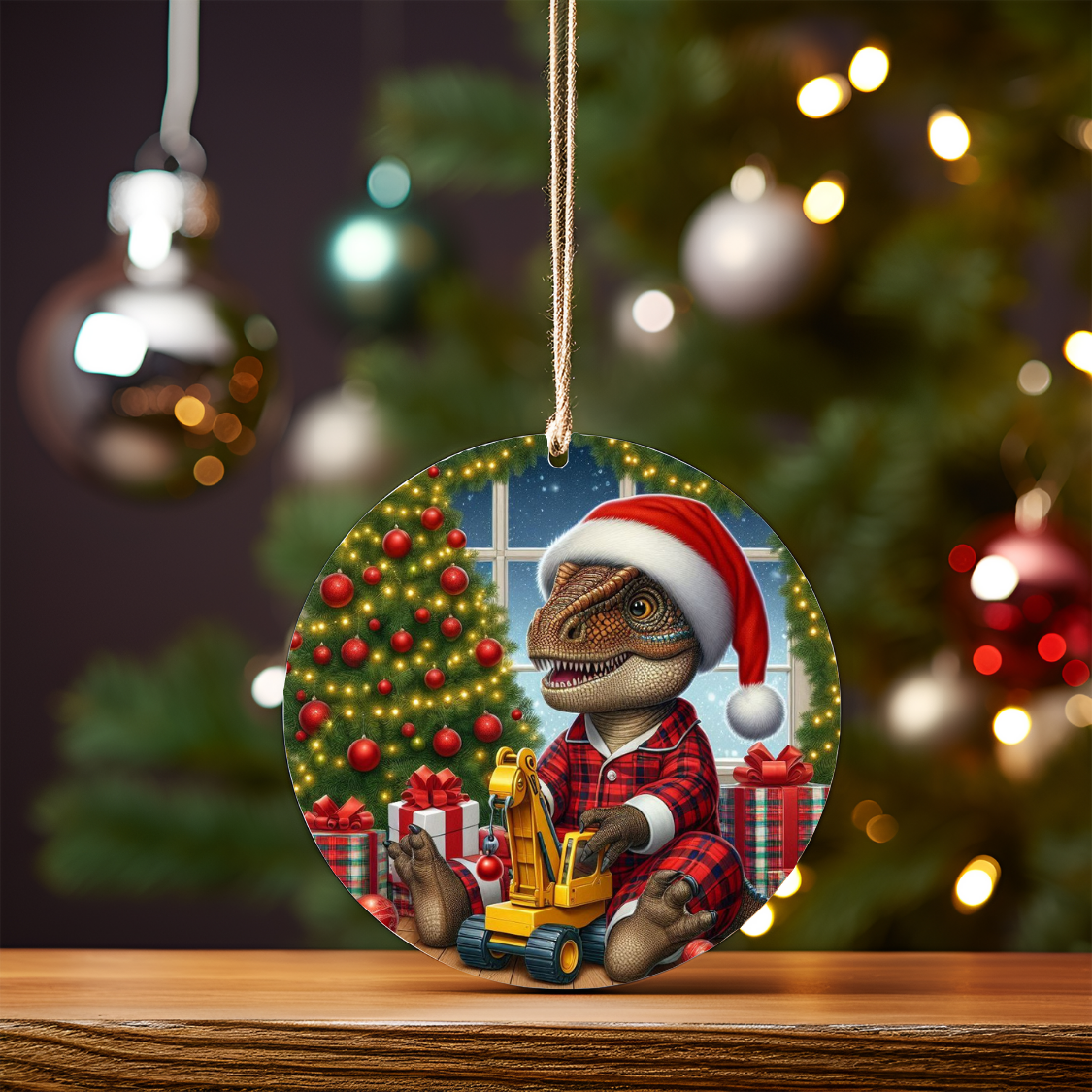 Christmas Dinosaur #3 (Construction Themed) Digital Sublimation Ornament Design