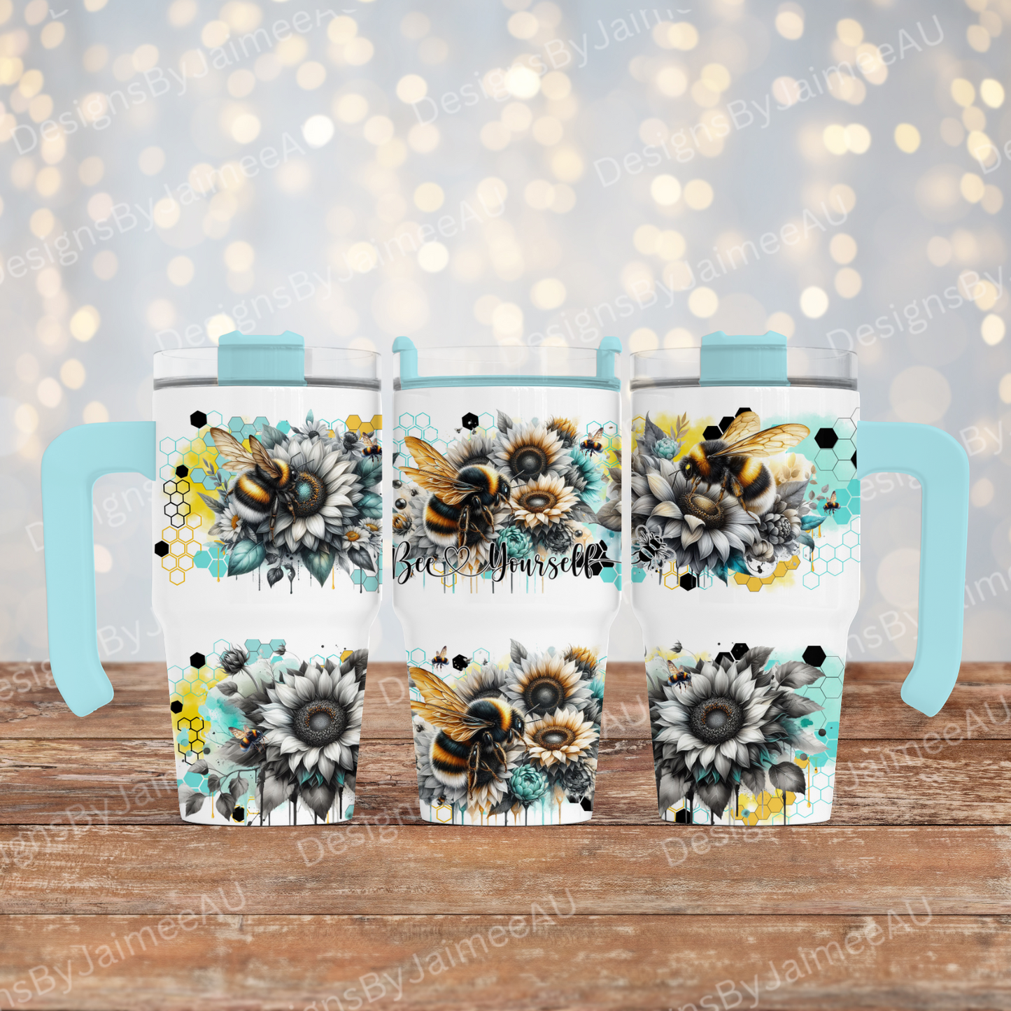 Bee Yourself -Black and White Bees with pops of Aqua and Yellow- Digital 20oz Tumbler with Handle Wrap Design