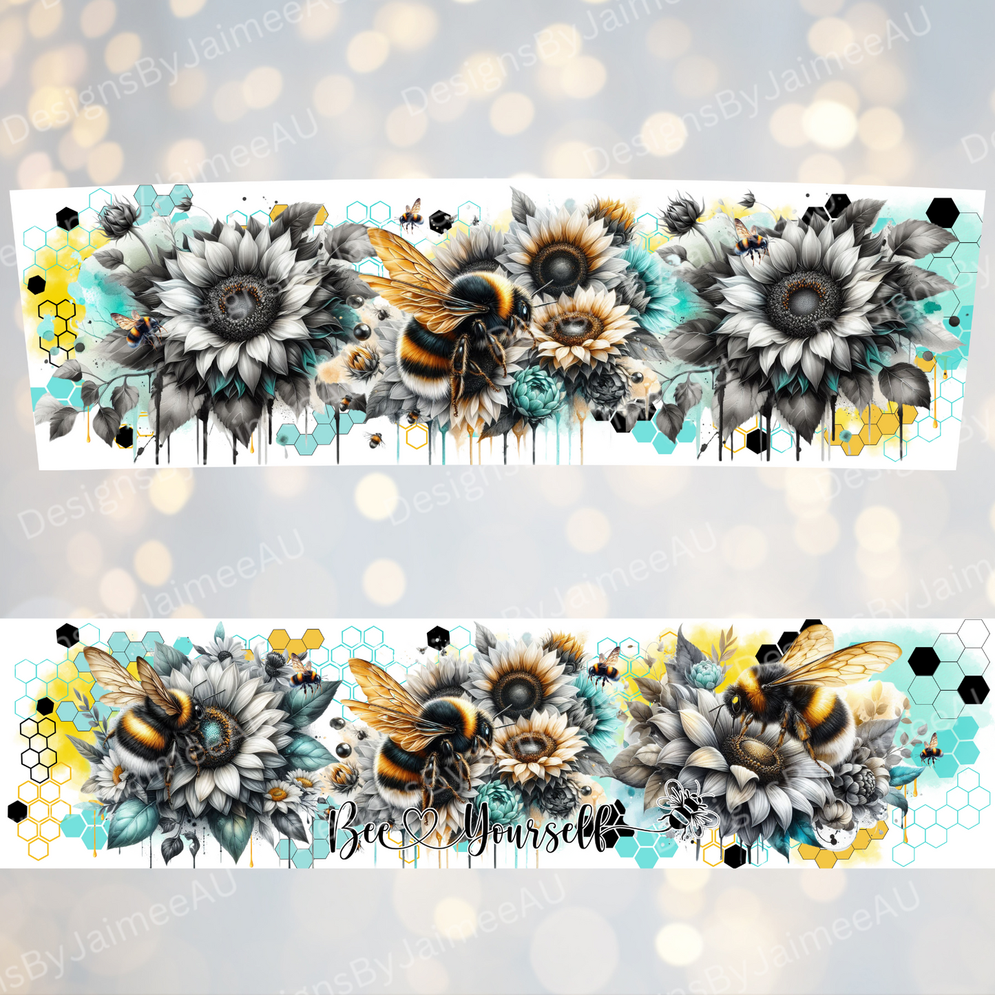 Bee Yourself -Black and White Bees with pops of Aqua and Yellow- Digital 20oz Tumbler with Handle Wrap Design