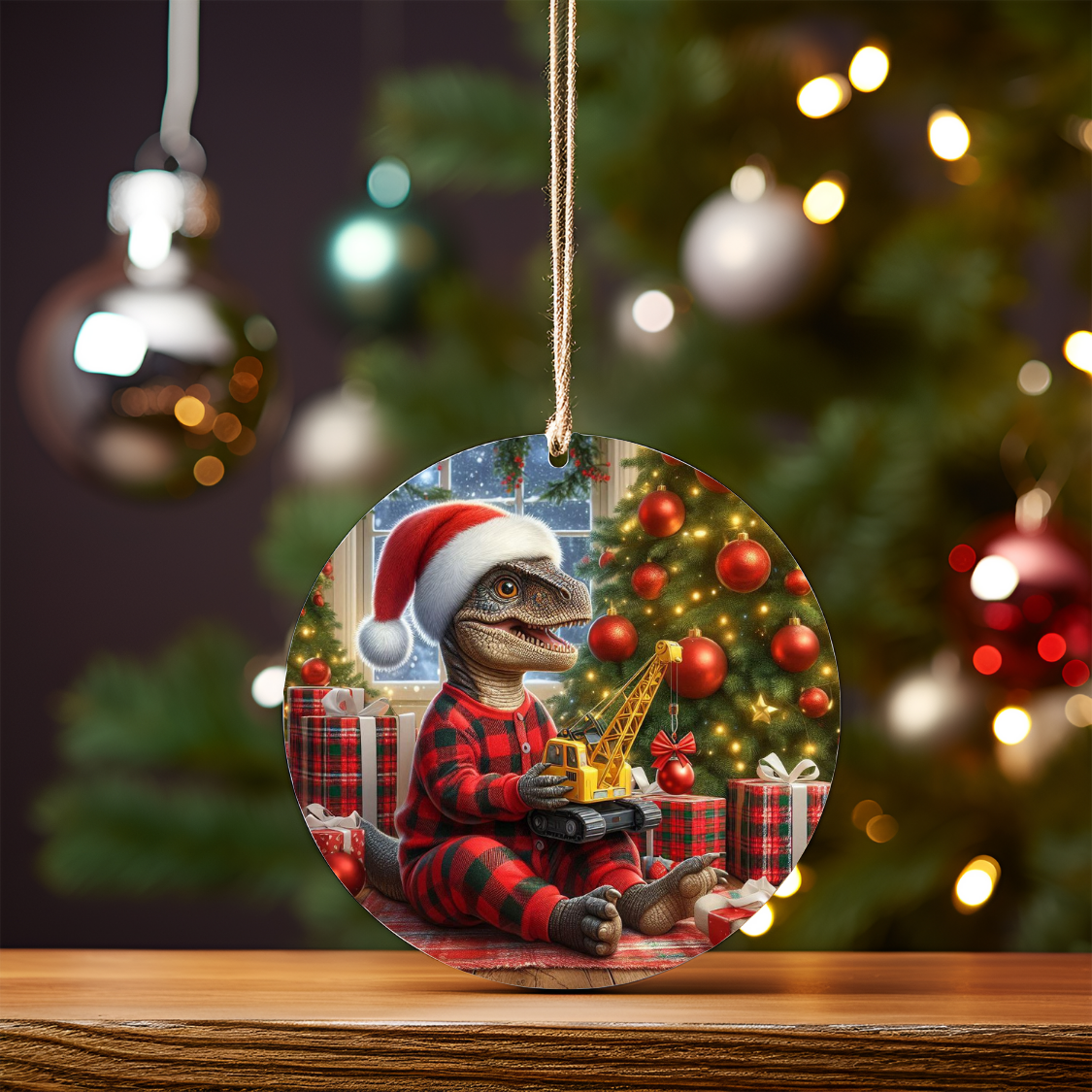 Christmas Dinosaur #5 (Construction Themed) Digital Sublimation Ornament Design