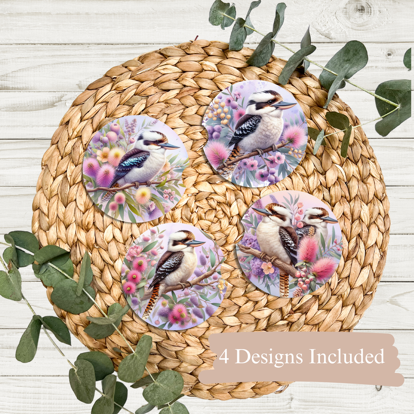 4 Purple Watercolour Kookaburra Digital Sublimation Car Coaster Designs