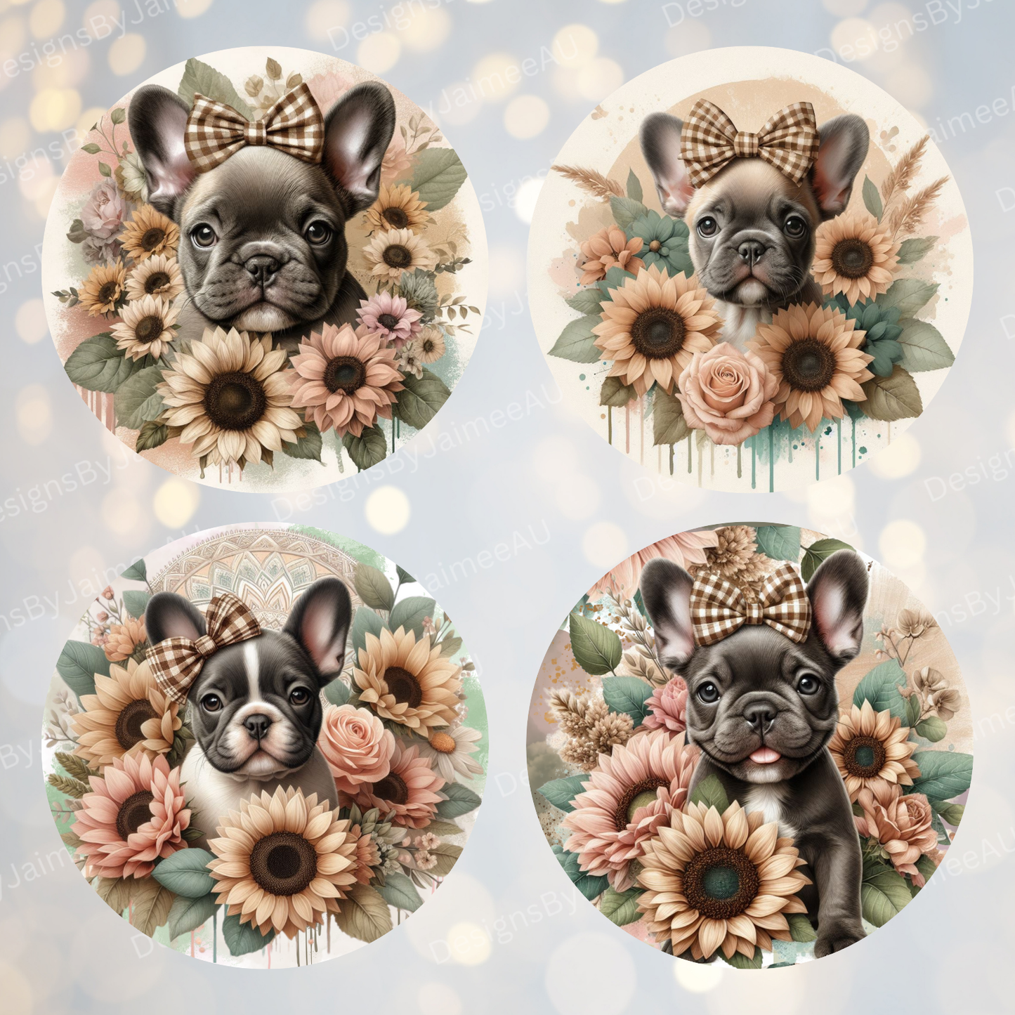 4 Earthy French Bulldog Digital Sublimation Car Coaster Designs