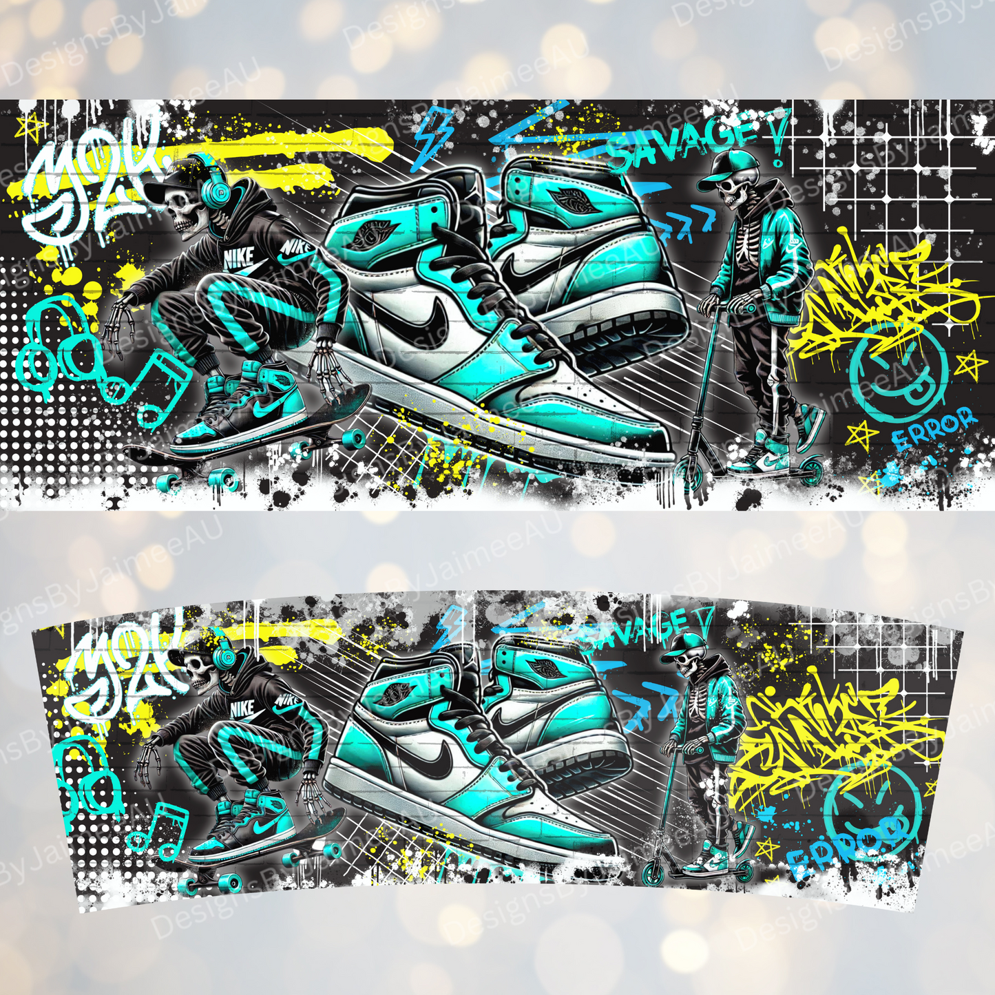 Aqua Graffiti Styled Skeleton- 40oz Digital Sublimation Tumbler Wrap