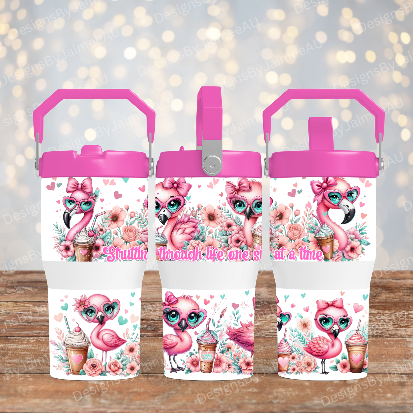 Hot Pink Flamingo's - Digital 20oz Tumbler with Flip Lid/Handle