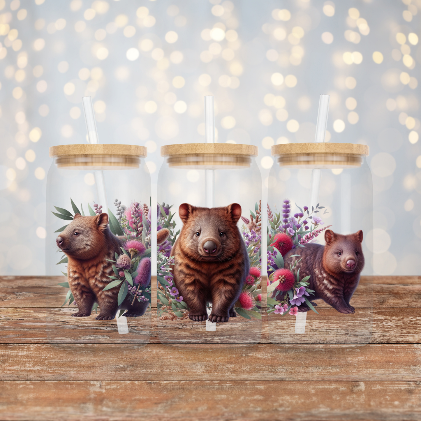 Wombats with Purple Aussie Native Flowers #1 Digital Download 16oz UV DTF Transfer Wrap PNG Image