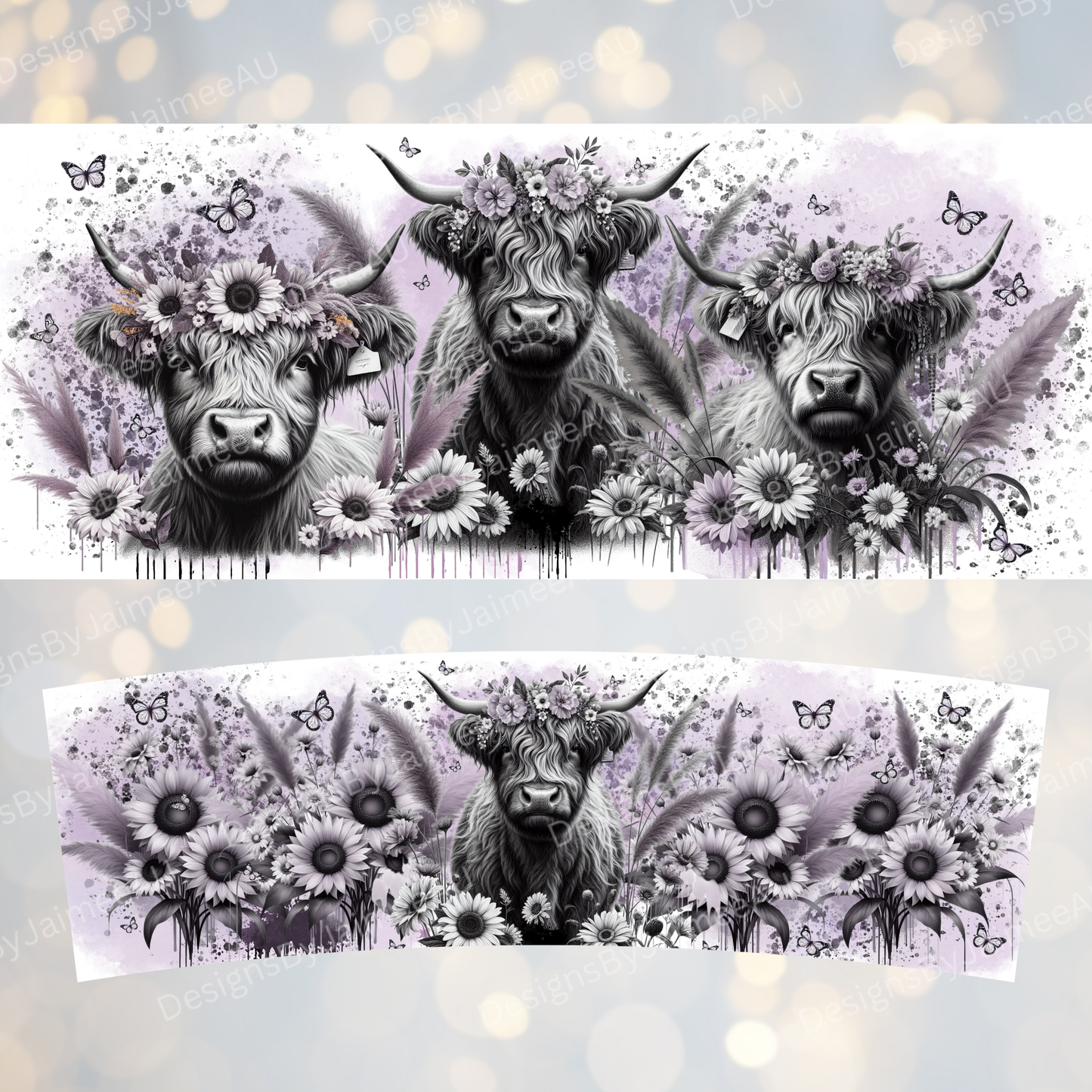 Black and White Highland Cows - Pastel Purple - Digital 30oz Sublimation Tumbler Wrap