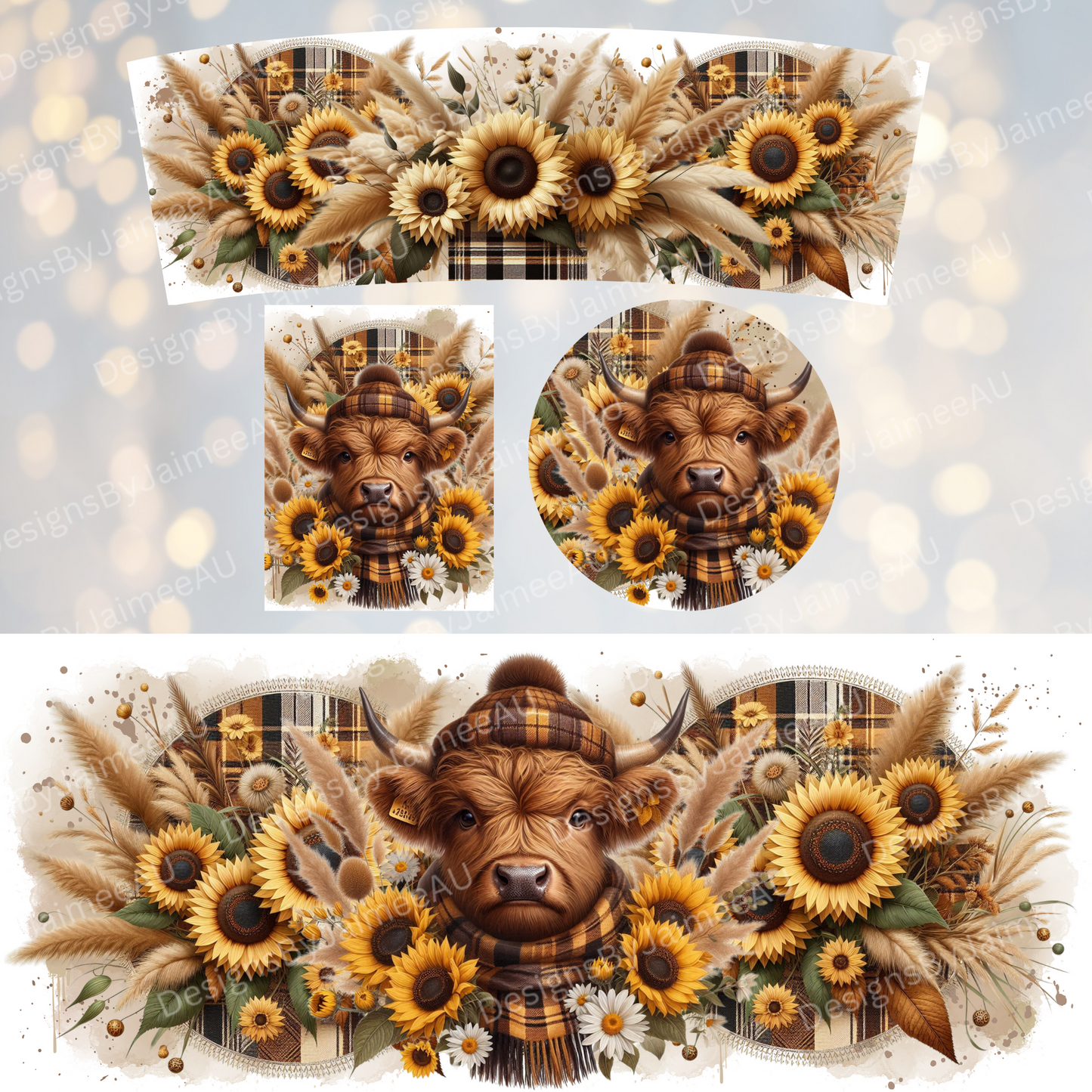 Gingham Highland Cow 40oz Digital Sublimation Tumbler Wrap, Air Freshener and Car Coaster Set