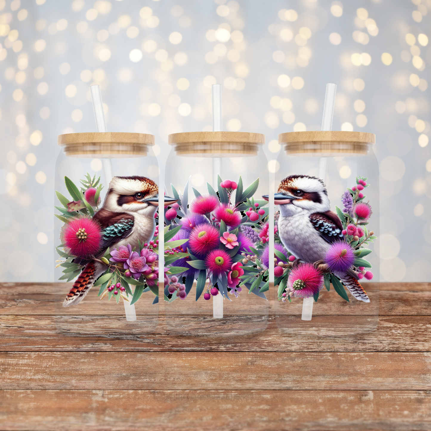 Kookaburras and Aussie Native Flowers Digital Download 16oz UV DTF Transfer Wrap PNG Image