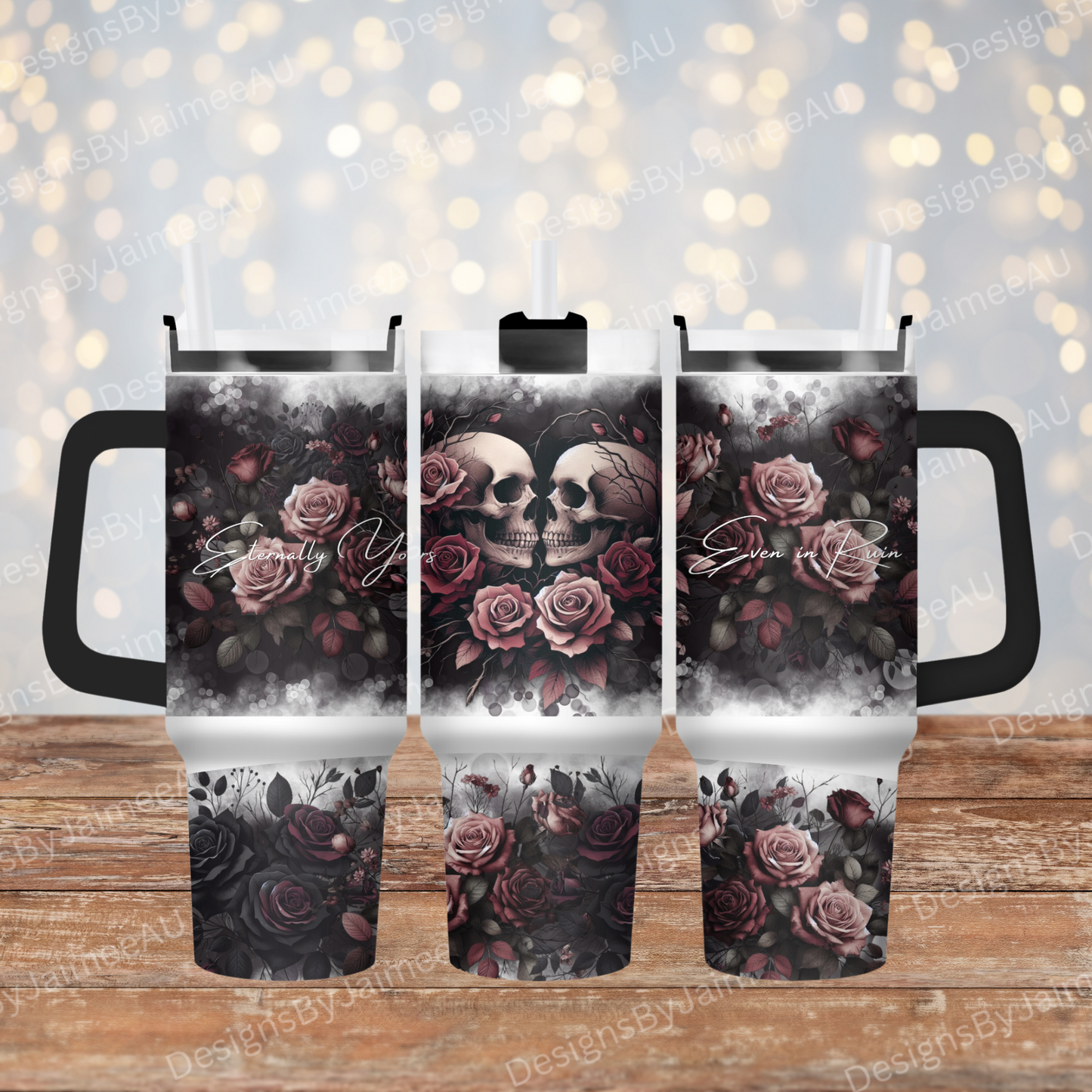 "Eternally Yours, Even in Ruin" Gothic Skulls, Dark Romance, Booktok - 40oz Digital Sublimation FULL Tumbler Wrap